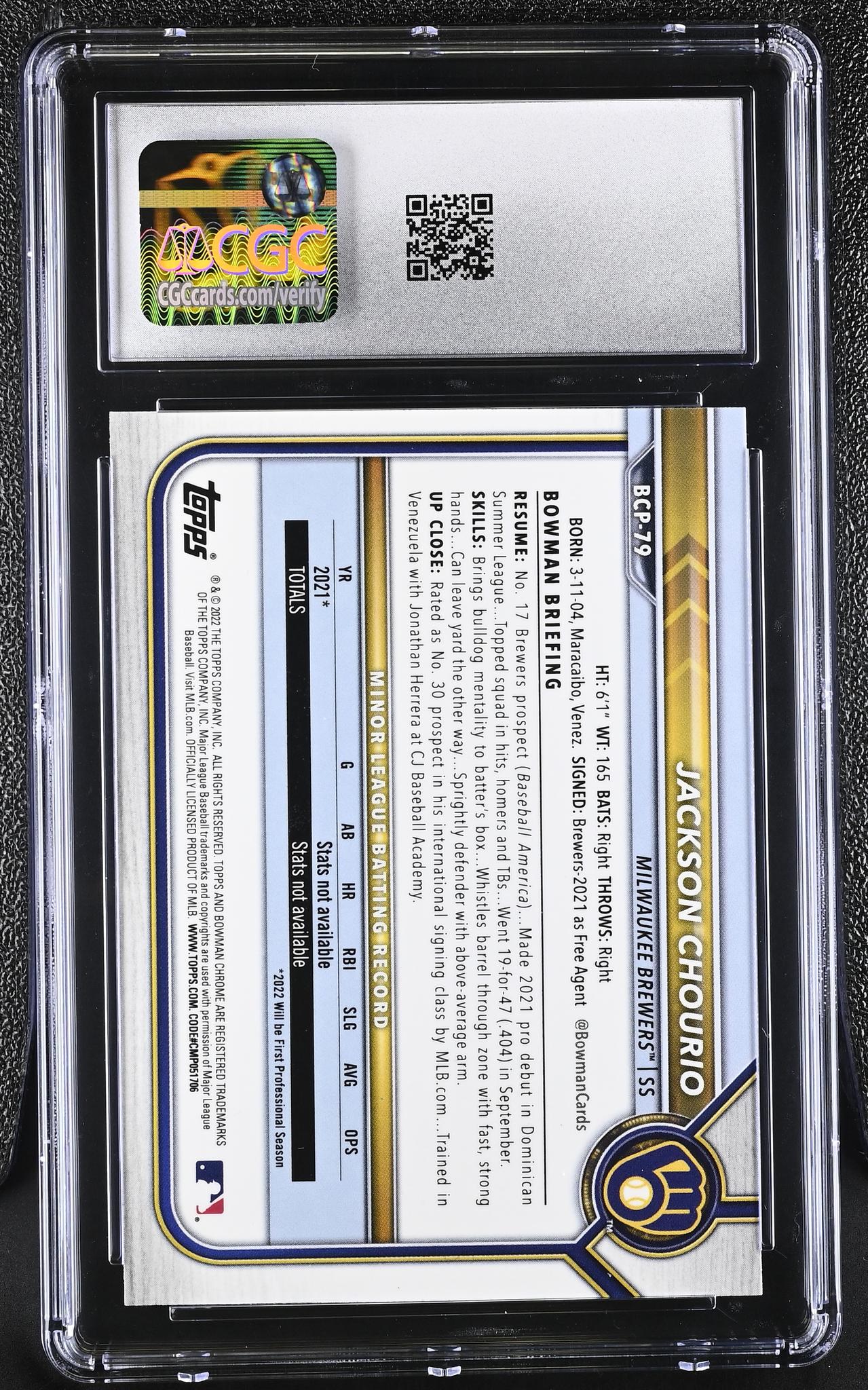 2022 Bowman Chrome #BCP-79 Jackson Chourio Chrome Prospects CGC 10