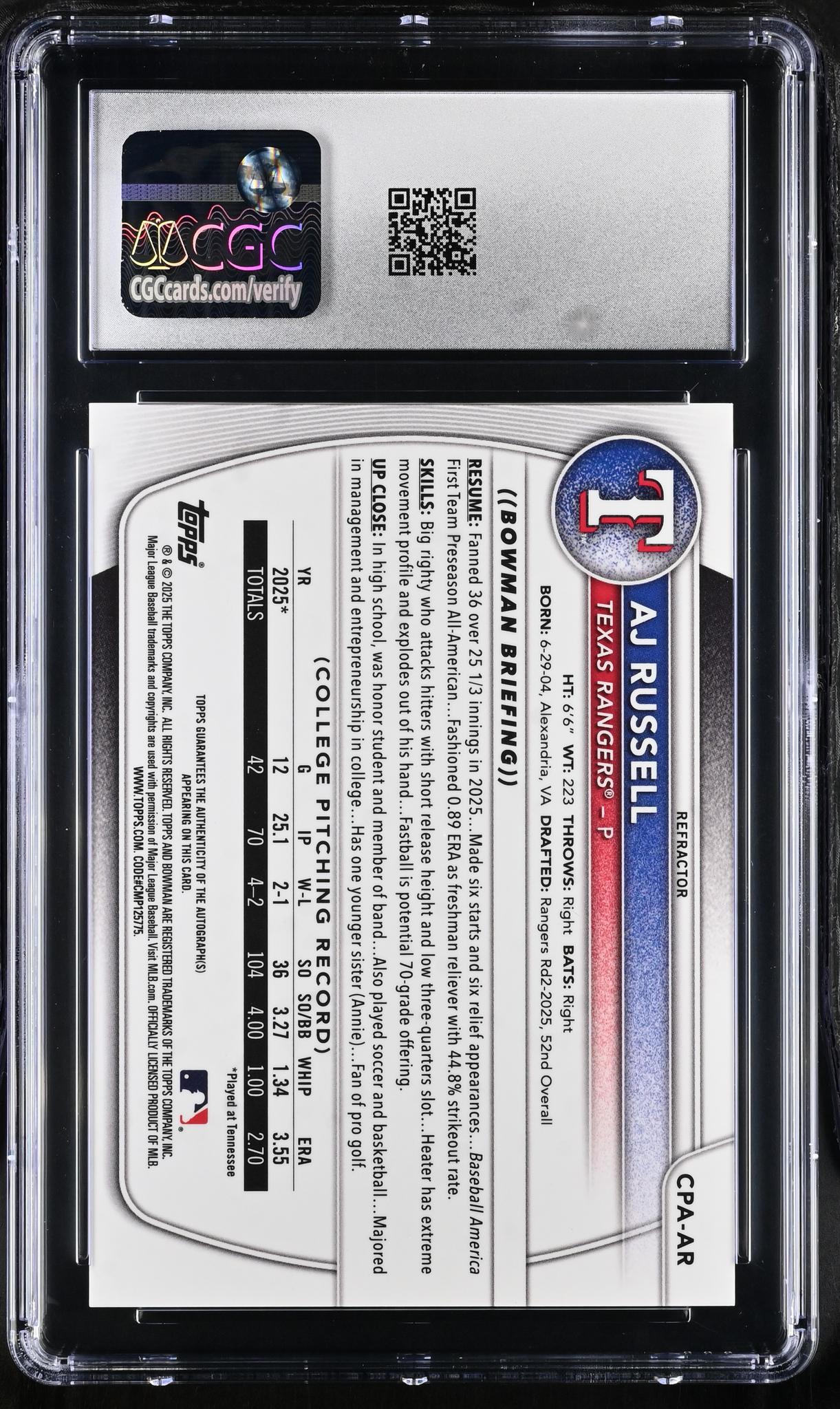 2025 Bowman #CPA-AR AJ Russell Chrome Prospect Autographs /499 Auto CGC 9