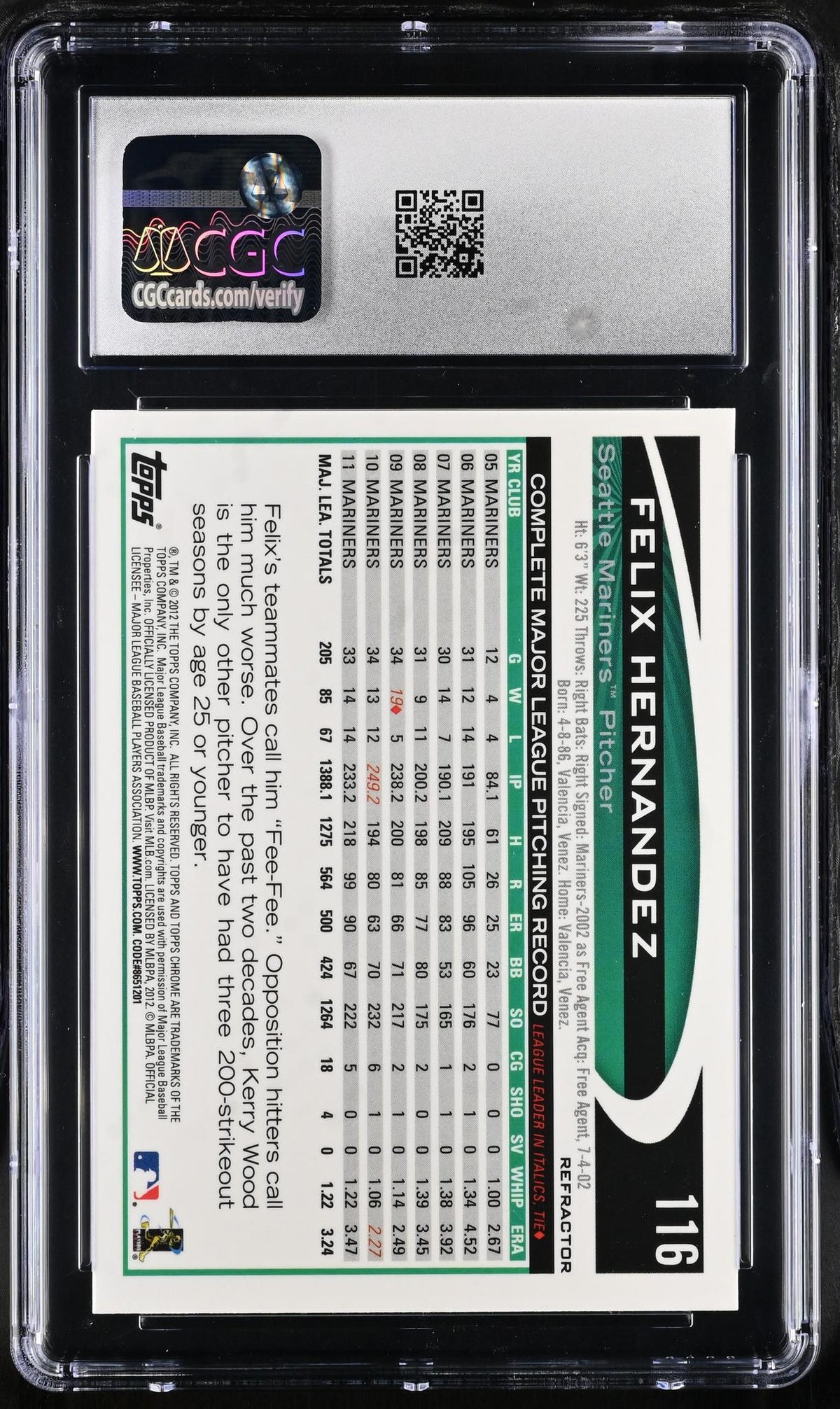 2012 Topps Chrome #116 Felix Hernandez Orange Refractor CGC 9