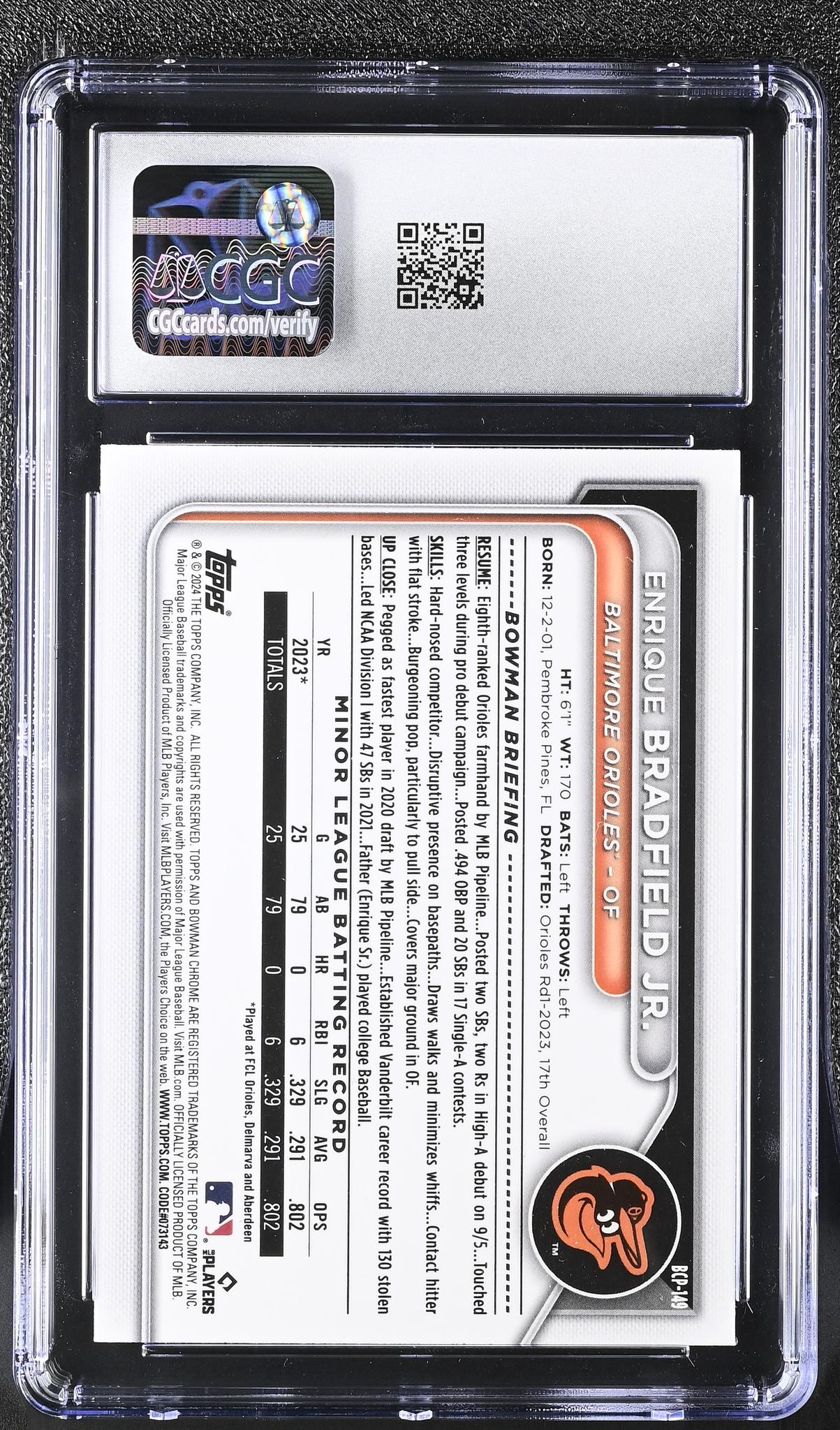 2024 Bowman #BCP-149 Enrique Bradfield Jr. Chrome Prospects /25 CGC 9