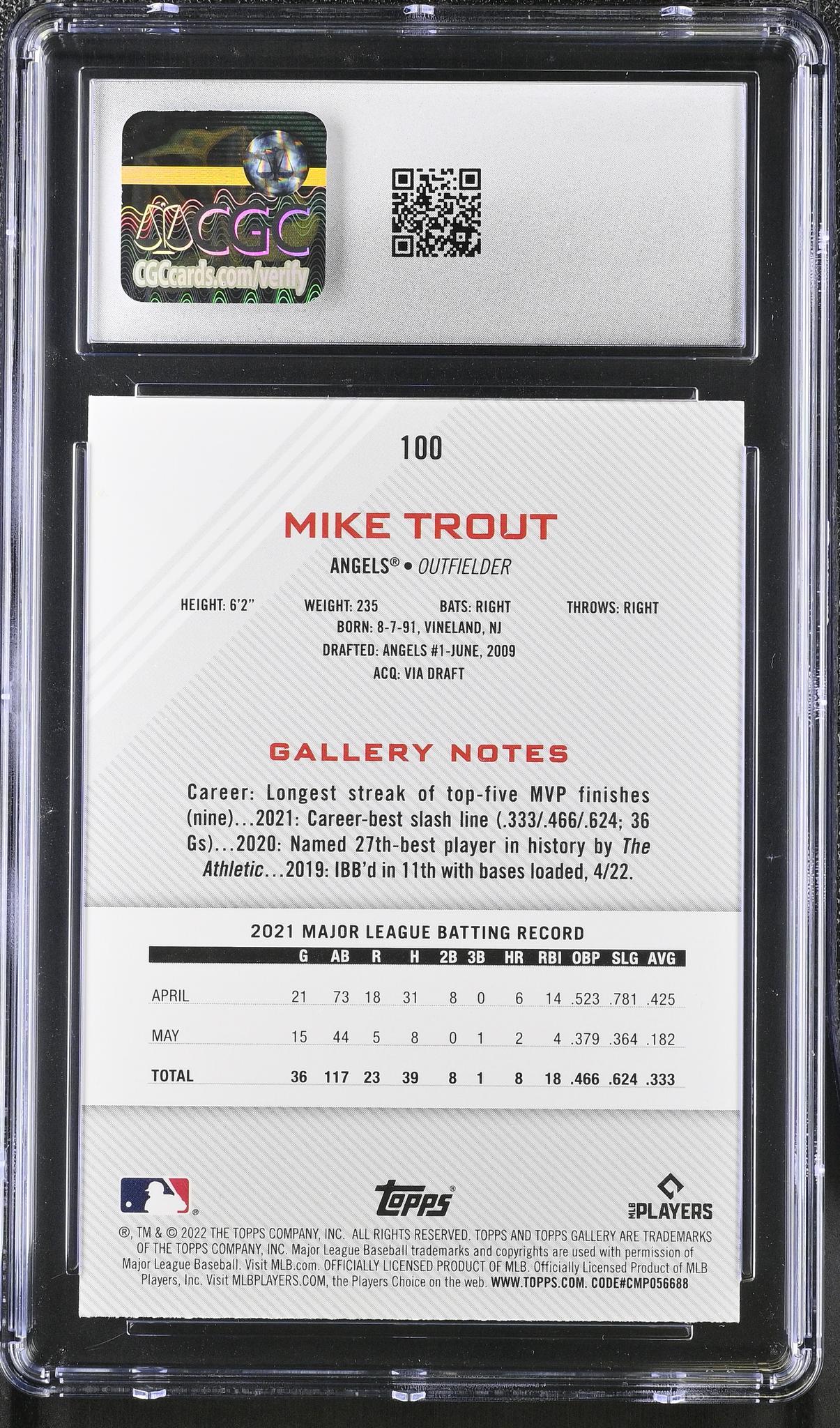 2022 Gallery #100 Mike Trout Rainbow Foil CGC 10