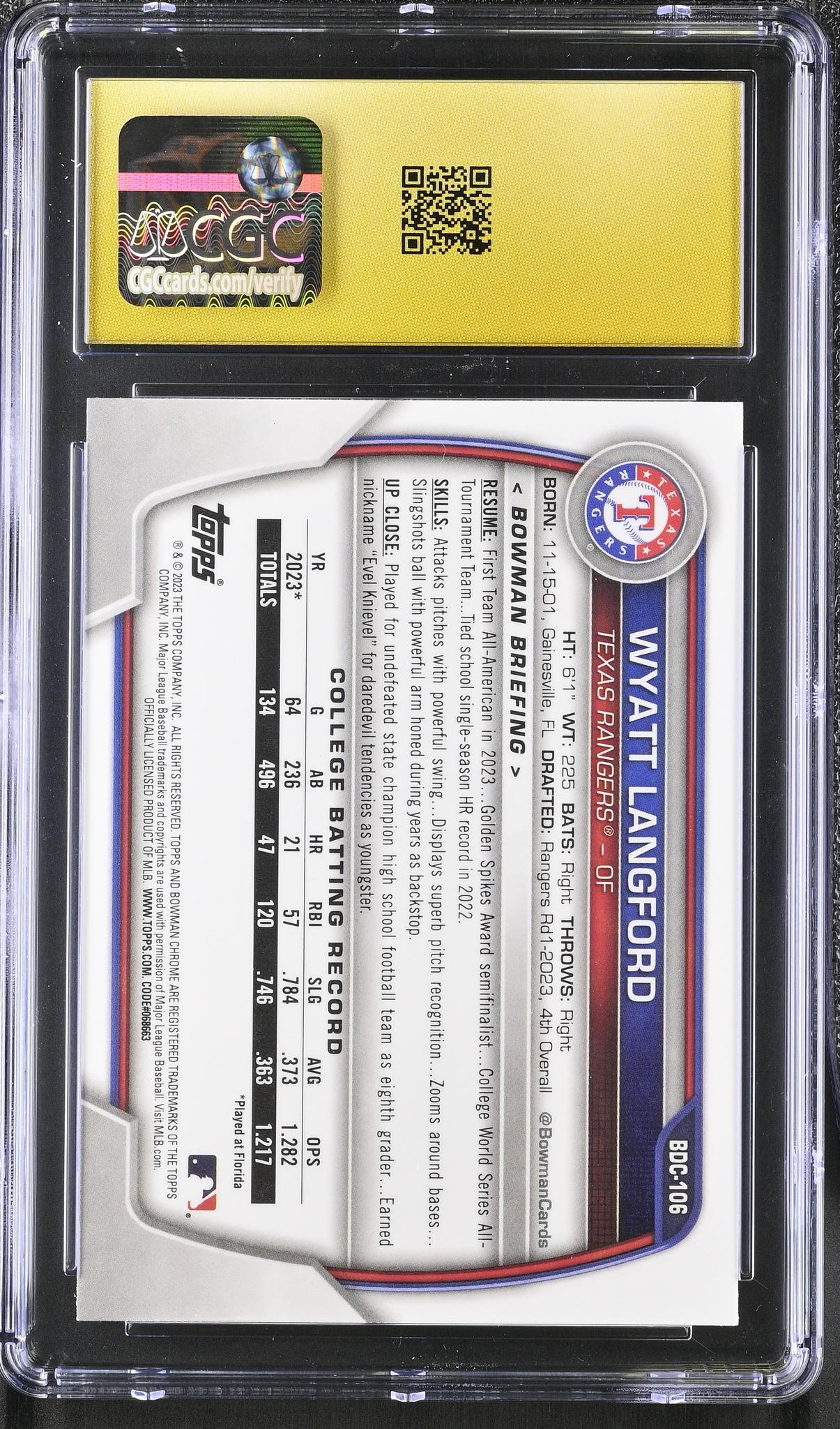 2023 Bowman Draft Chrome #BDC-106 Wyatt Langford CGC 10