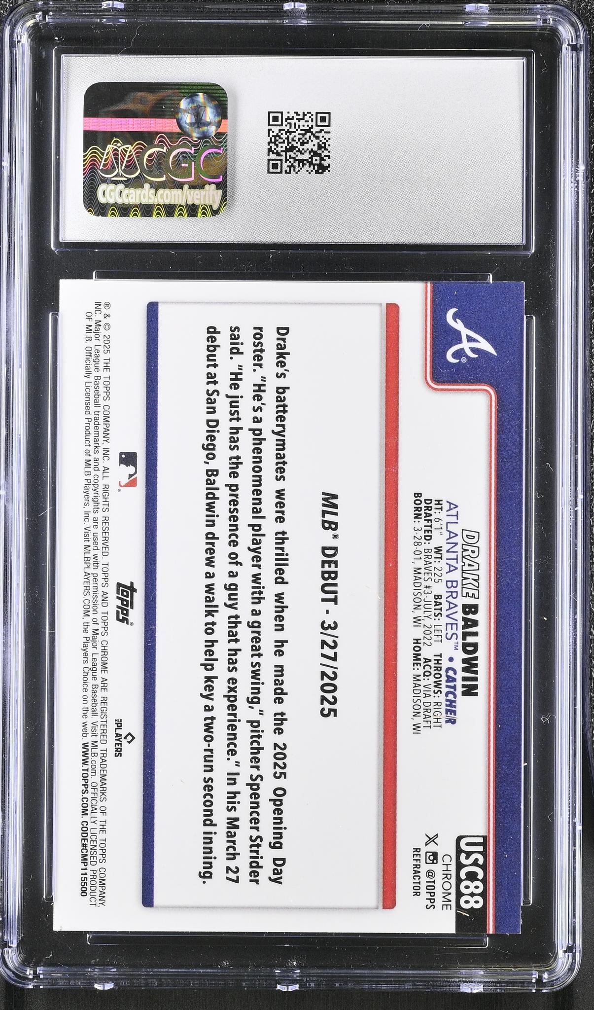 2025 Topps Chrome Update #USC88 Drake Baldwin Refractor CGC 10