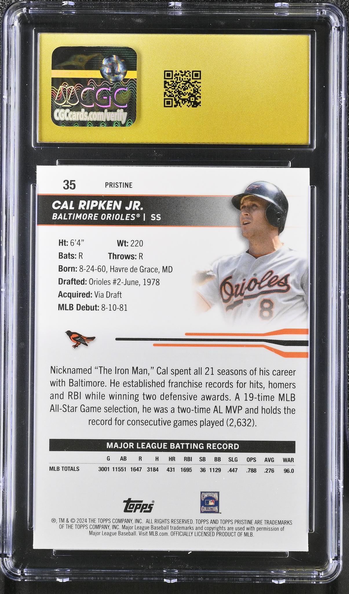 2024 Pristine #35 Cal Ripken Jr. Blue Pristine Refractor /75 CGC 10