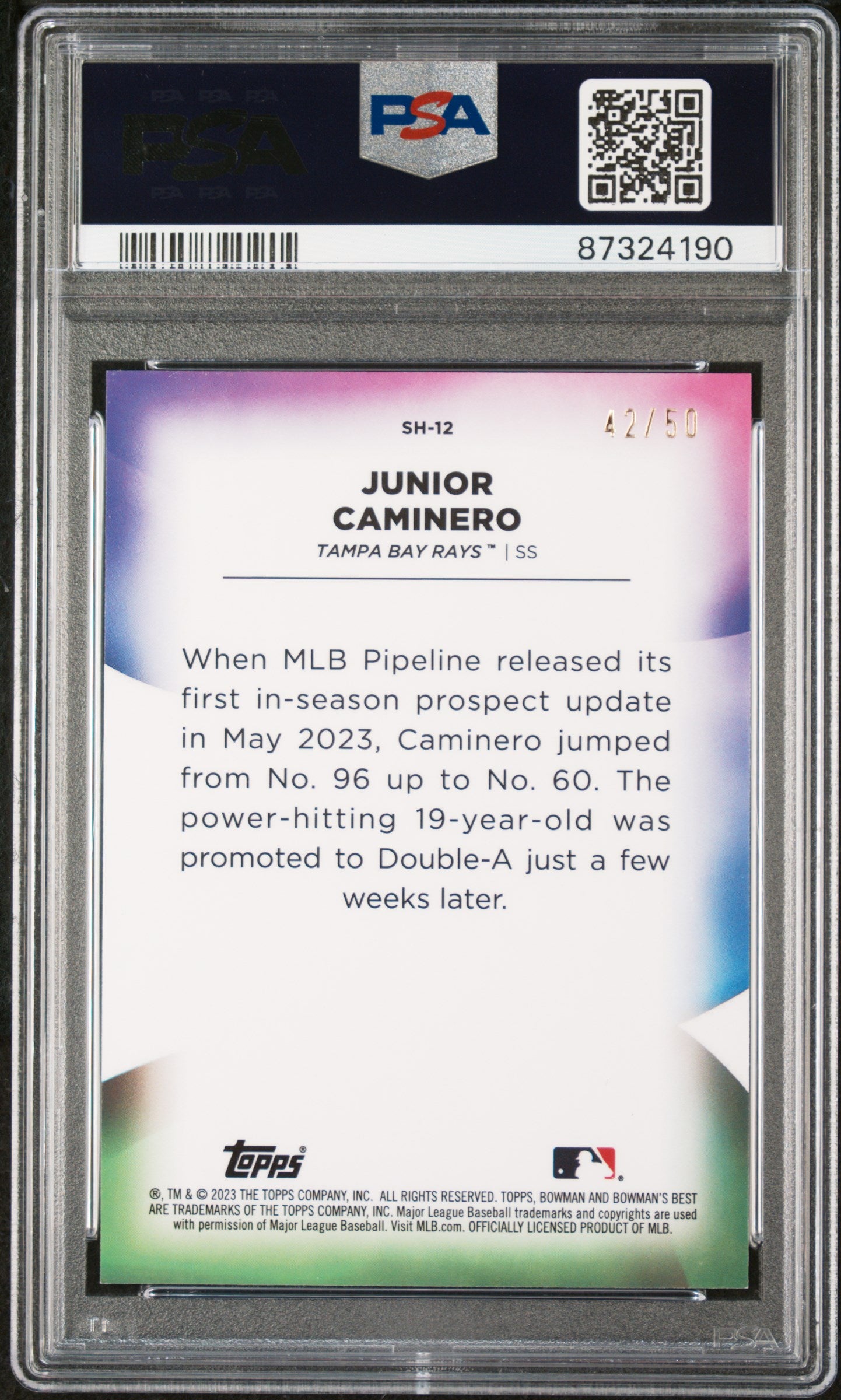 2023 Bowman's Best Shellacked Lava Refractors Junior Caminero #SH12 /50 PSA 9