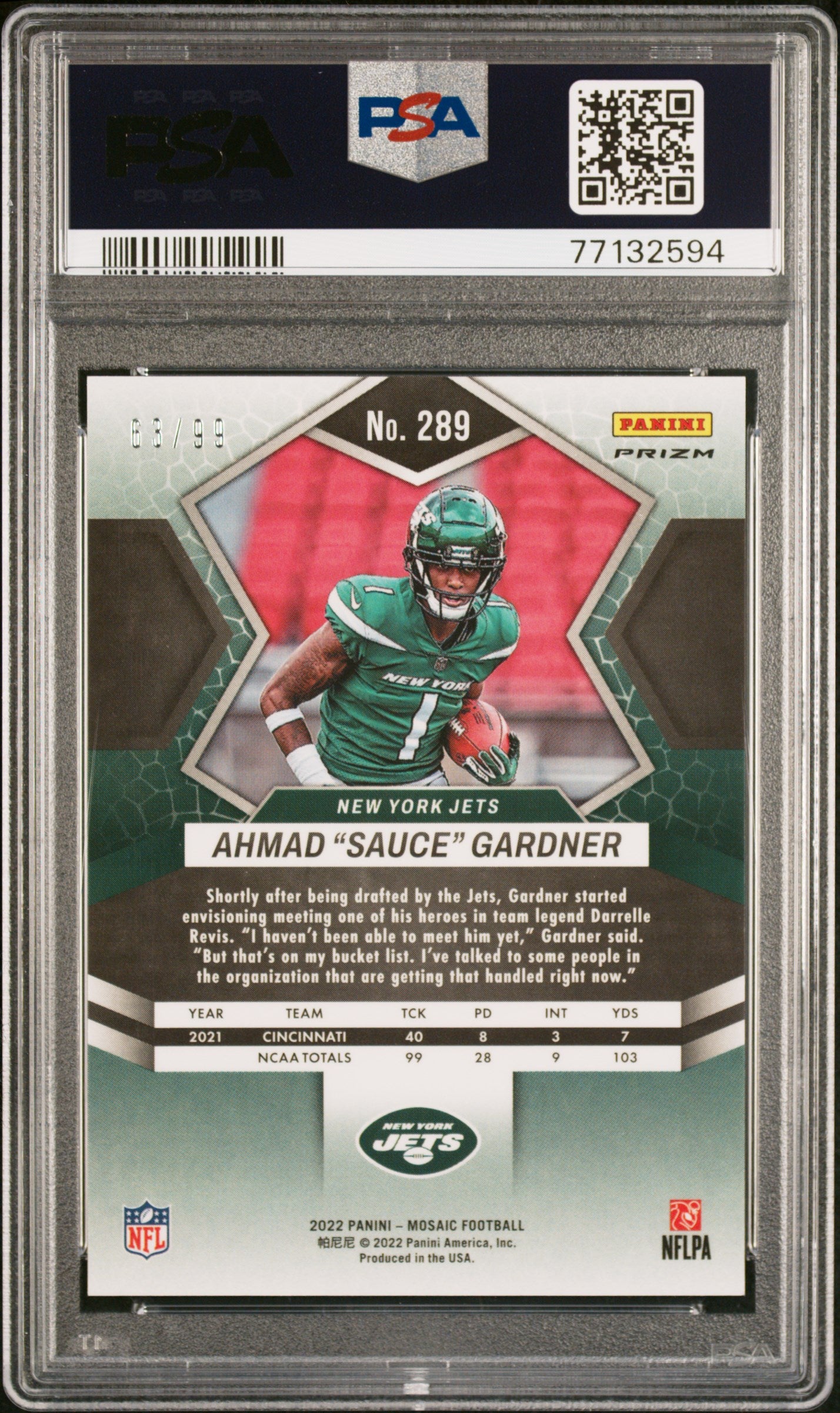 2022 Panini Mosaic Blue Ahmad "Sauce" Gardner #289 /99 PSA 10