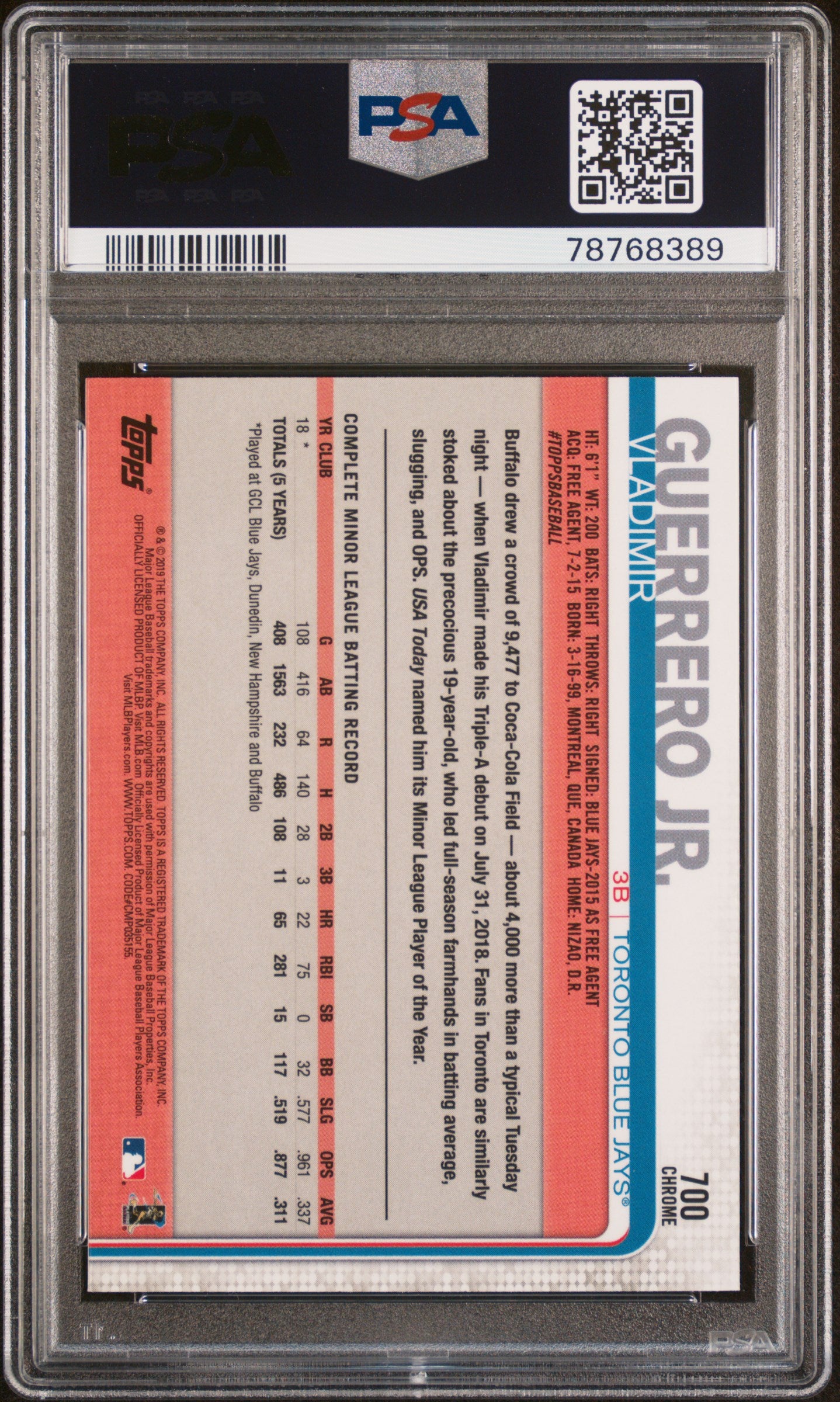 2019 Topps Factory Set Chrome Vladimir Guerrero Jr. #700 PSA 9