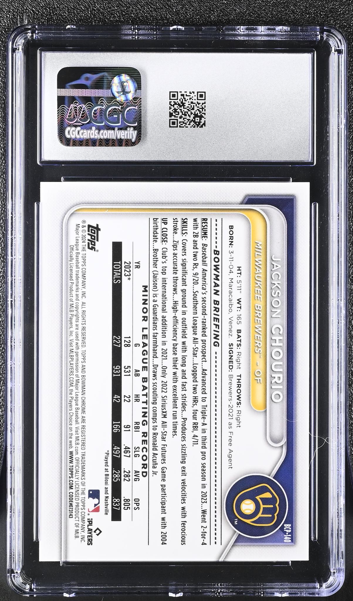 2024 Bowman #BCP-140 Jackson Chourio Aqua Shimmer Refractor /225 CGC 10