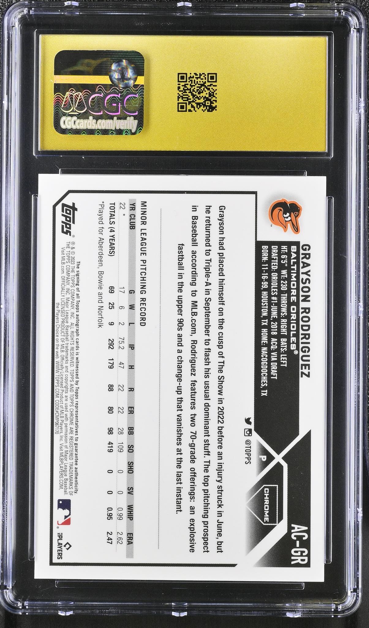 2023 Topps Chrome #AC-GR Grayson Rodriguez Autographs Auto CGC 10