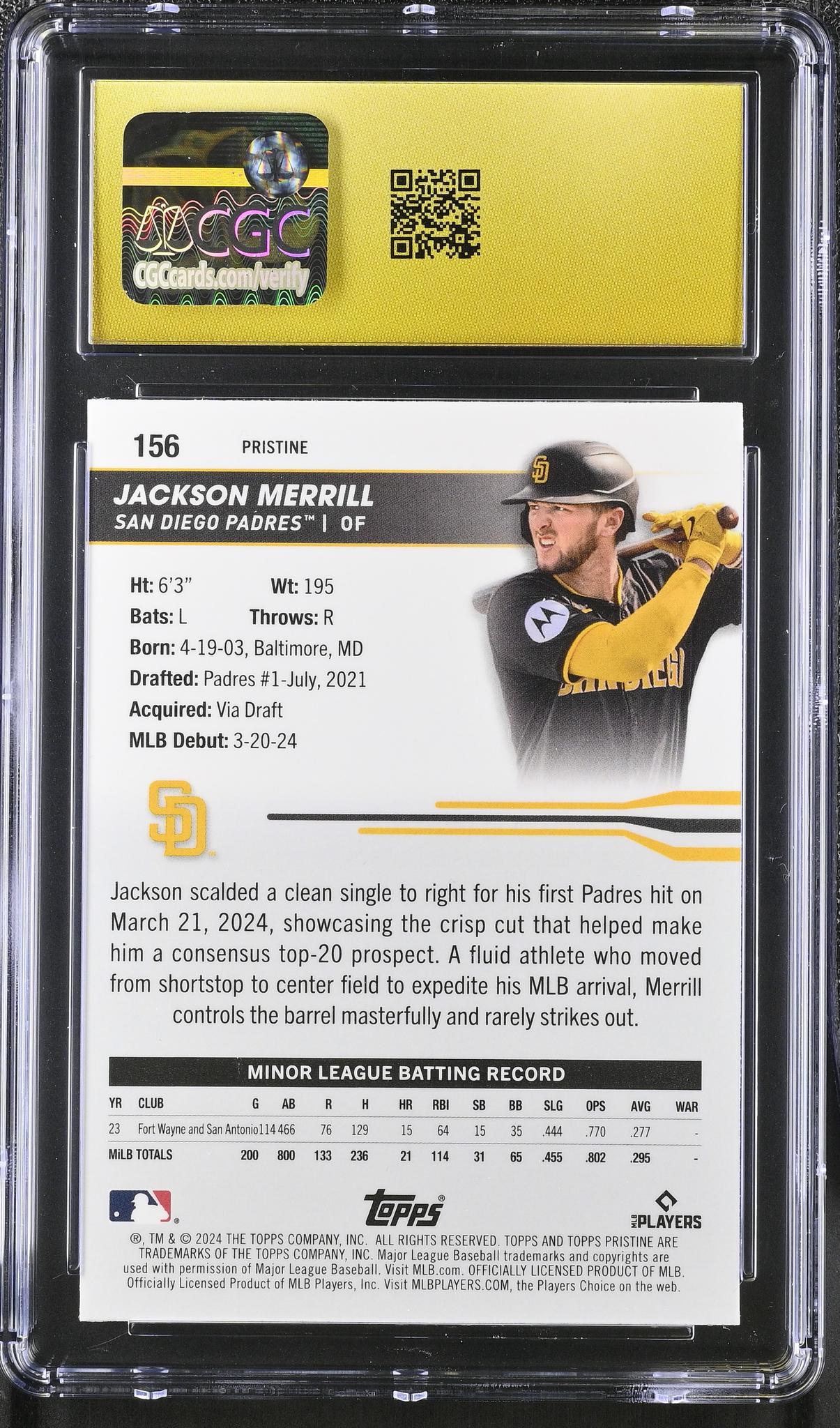 2024 Pristine #156 Jackson Merrill Pristine Refractor CGC 10