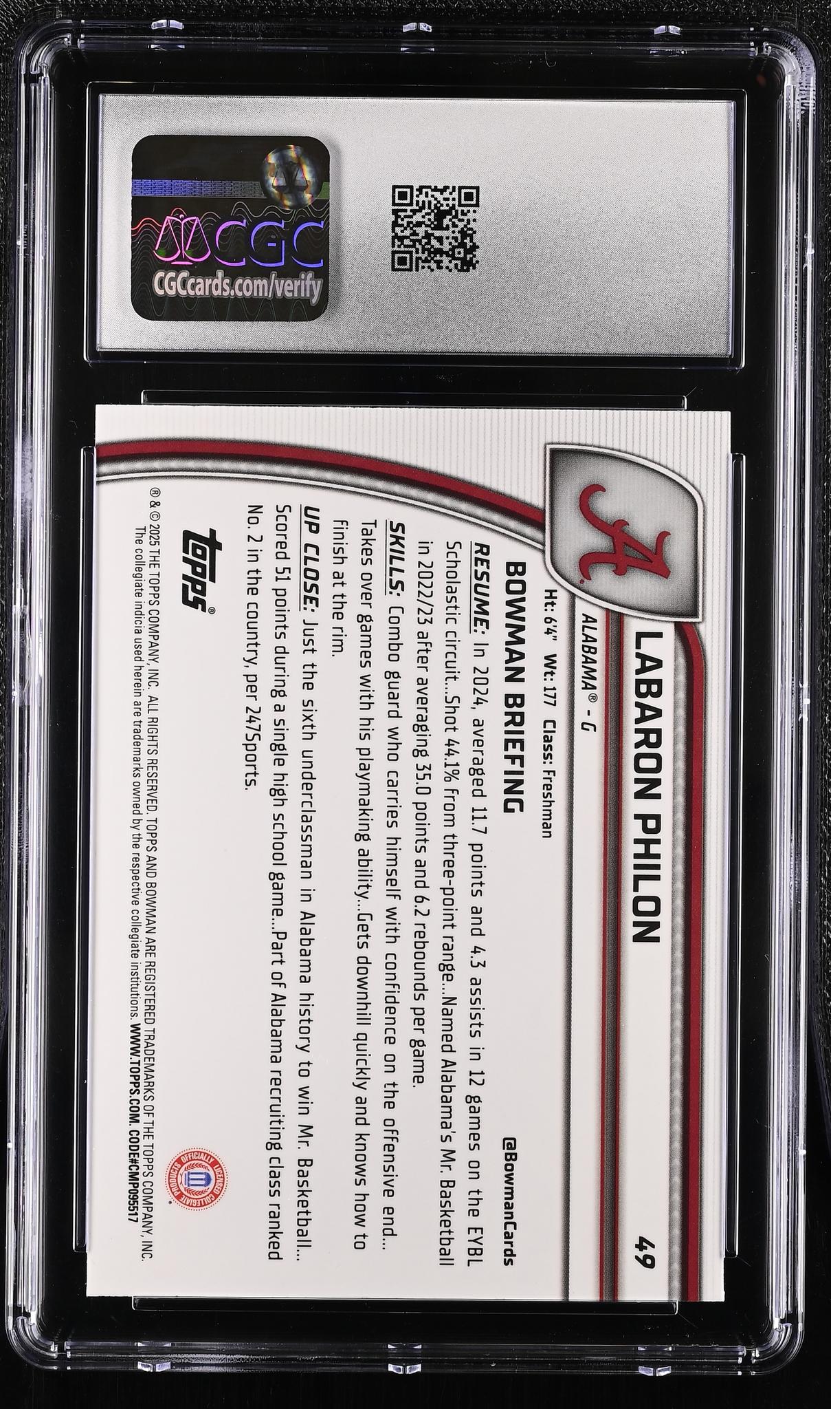 2024 Bowman Chrome #49 Labaron Philon Green Refractor /99 CGC 10