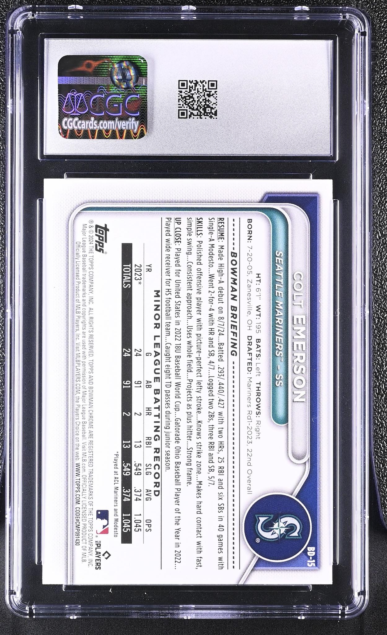 2024 Bowman #BD-15 Colt Emerson Draft /150 CGC 9