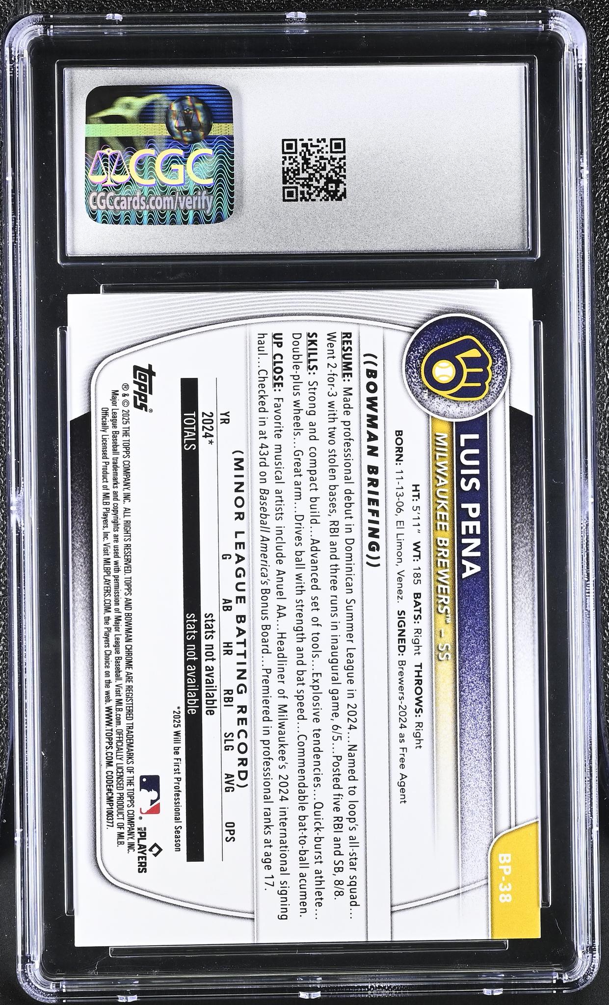 2025 Bowman #BP-38 Luis Pena Green Pattern /99 CGC 10