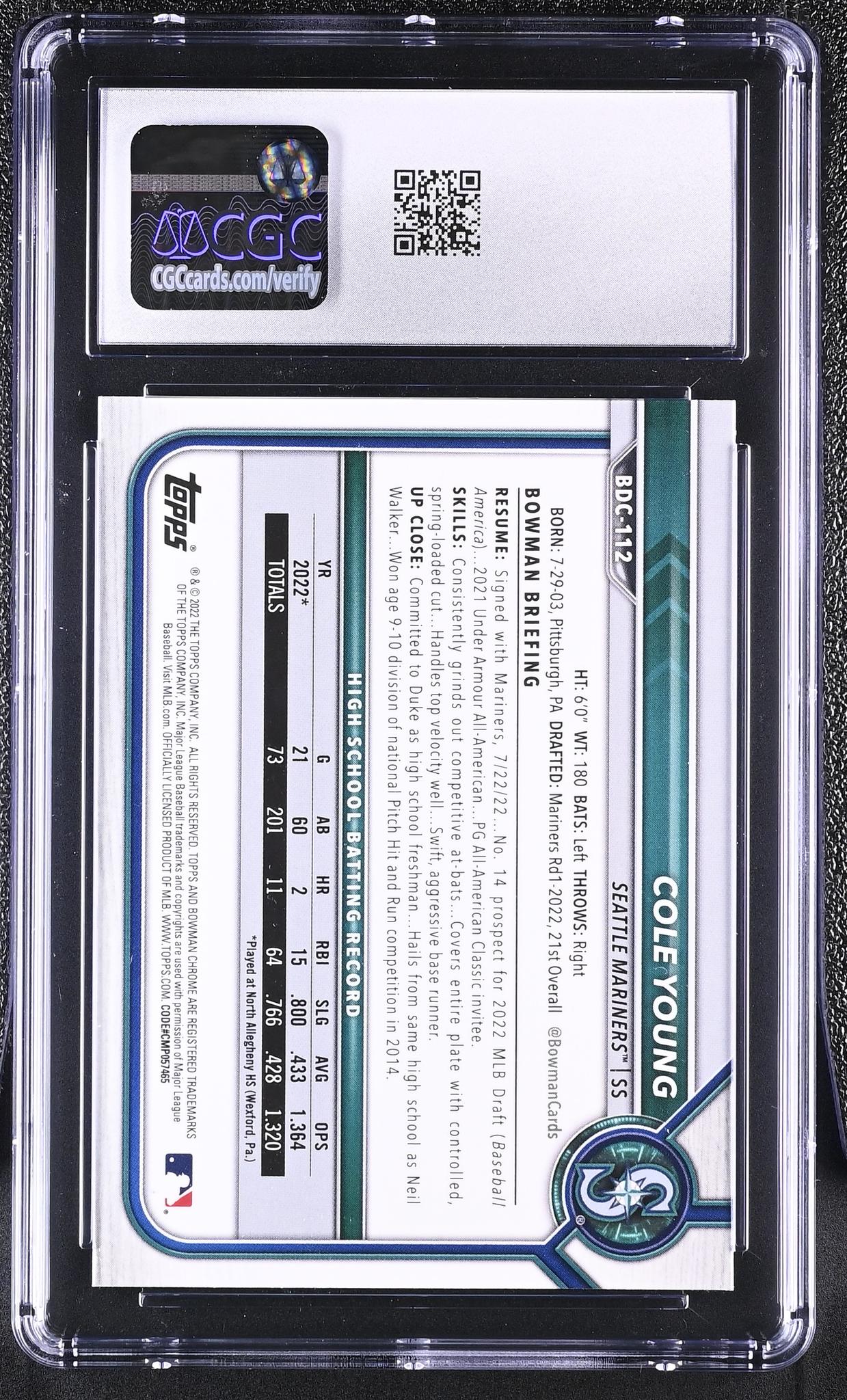 2022 Bowman #BDC-112 Cole Young Draft Sapphire CGC 10