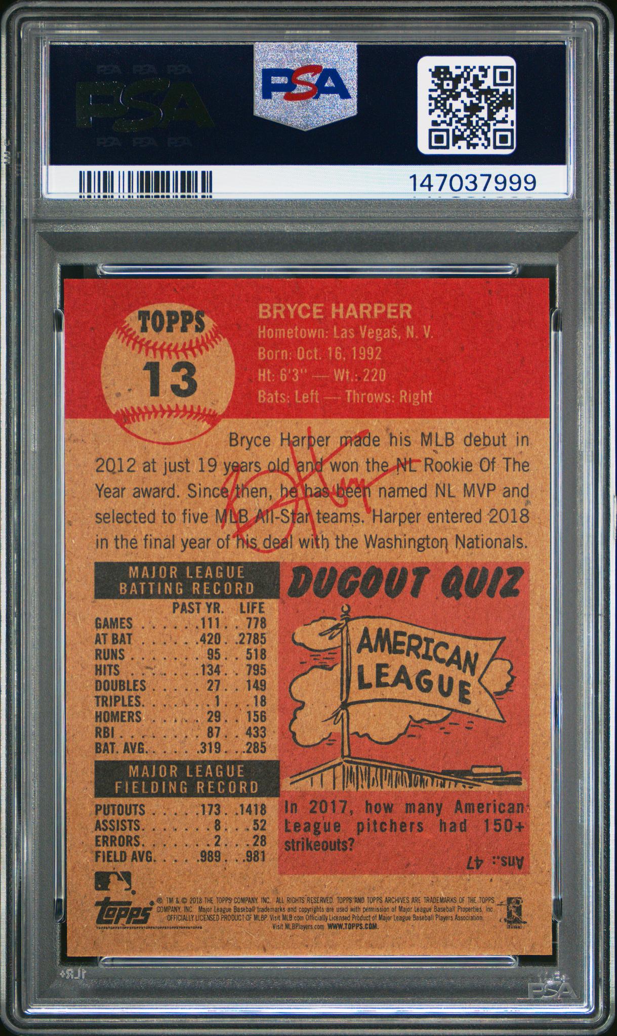 2018 Topps Living Bryce Harper #13 /9515 PSA 10