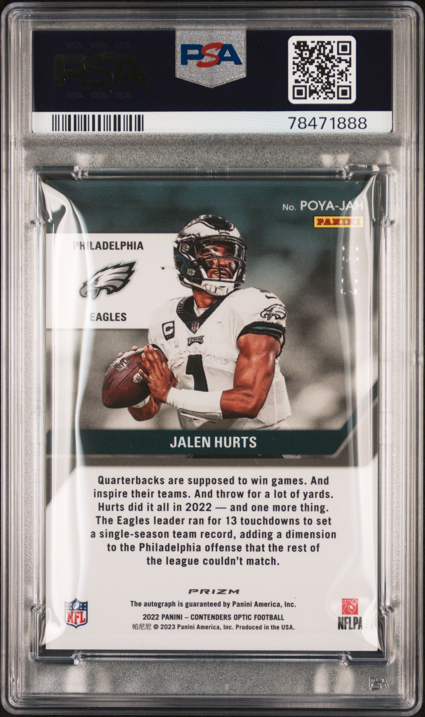 2022 Panini Contenders Optic Player of the Year Contenders Autographs Green Pulsar Jalen Hurts #POYAJAH PSA 9