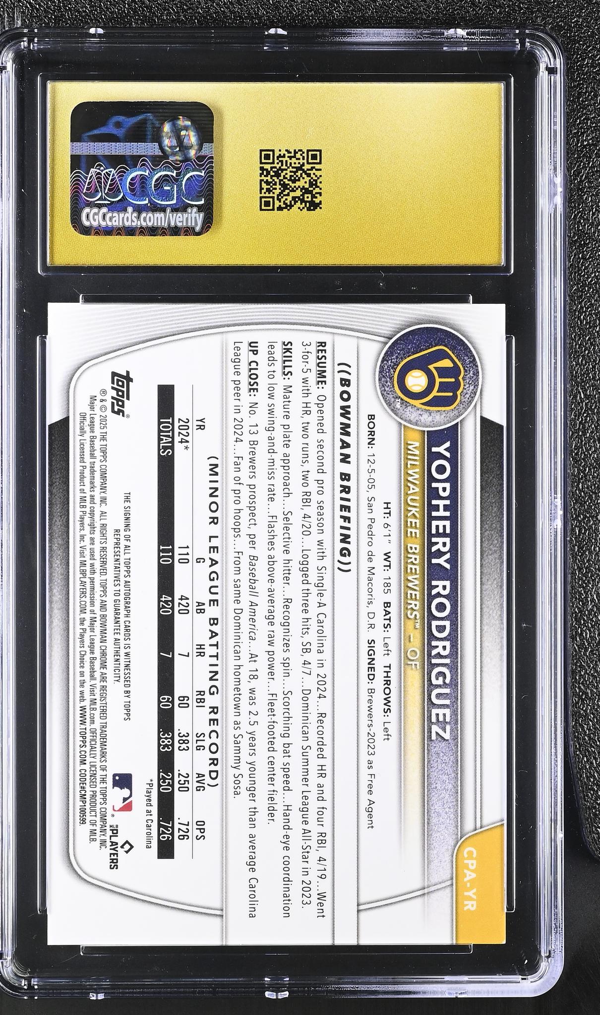 2025 Bowman #CPA-YR Yophery Rodriguez Chrome Prospects Autographs Auto CGC 10