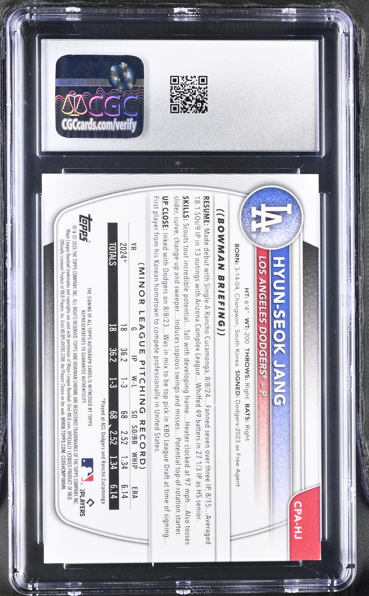 2025 Bowman #CPA-HJ Hyun-Seok Jang Chrome Prospects Autographs Auto CGC 9