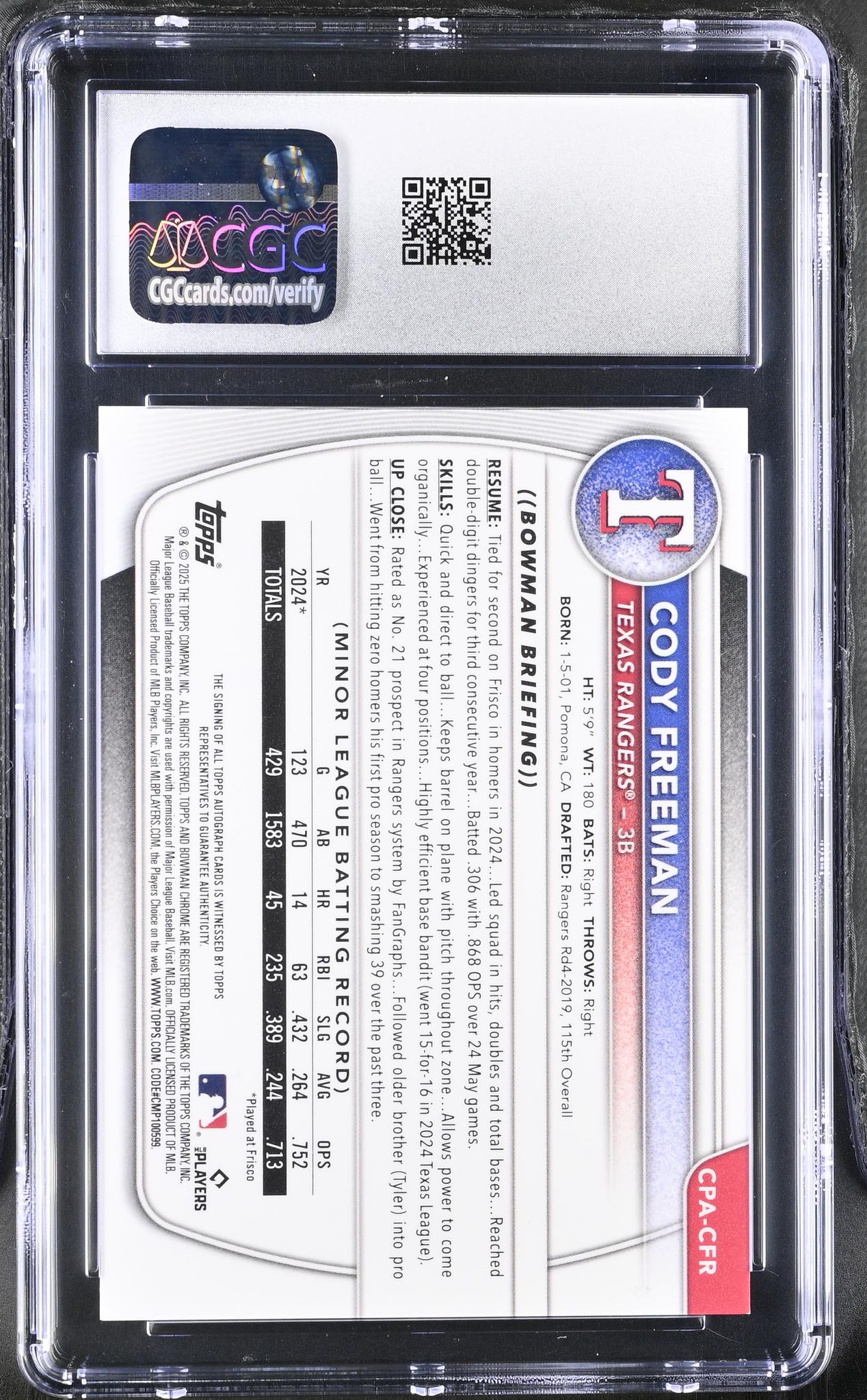 2025 Bowman #CPA-CFR Cody Freeman Chrome Prospects Autographs Auto CGC 9.5