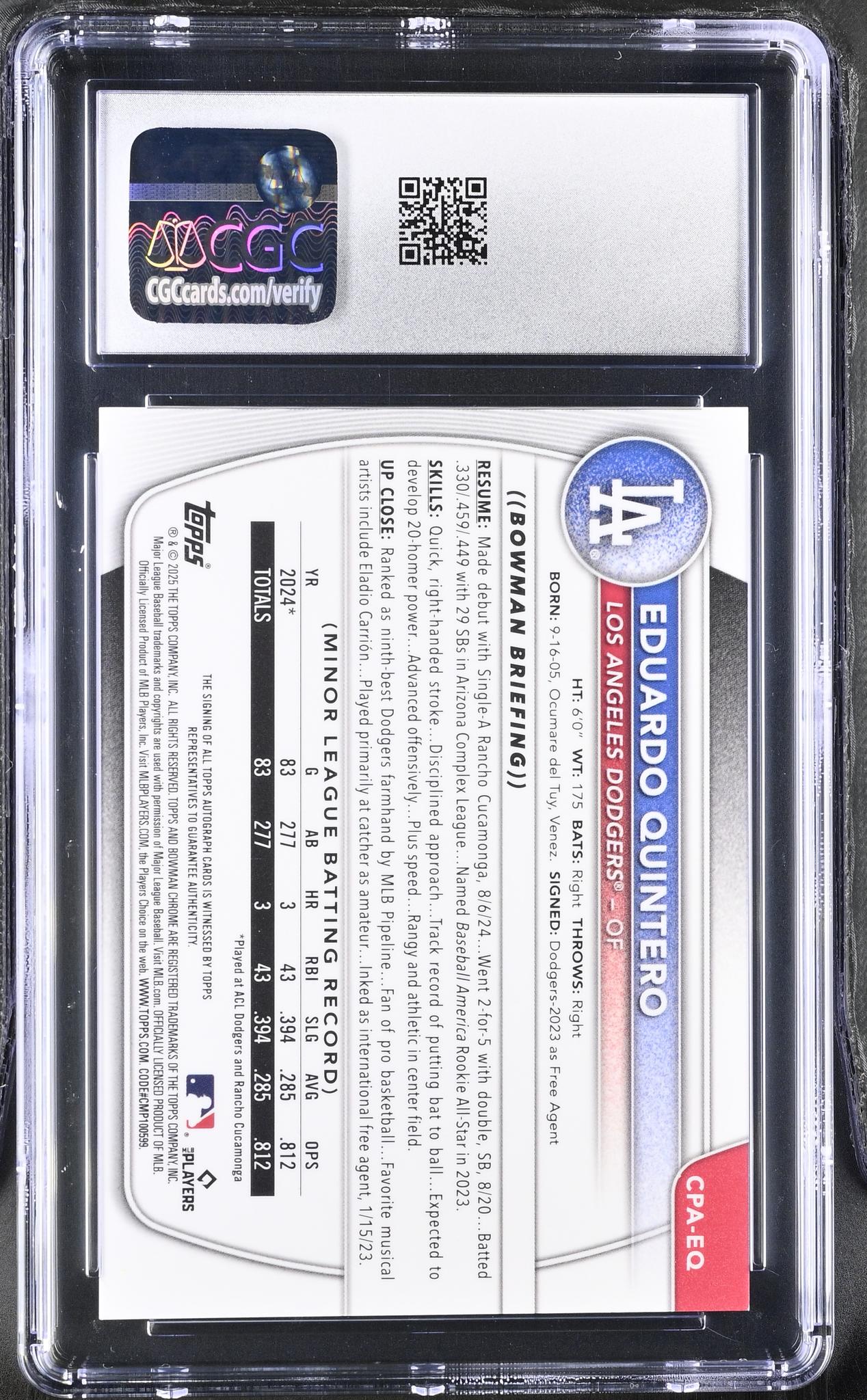 2025 Bowman #CPA-EQ Eduardo Quintero Chrome Prospects Autographs Auto CGC 9