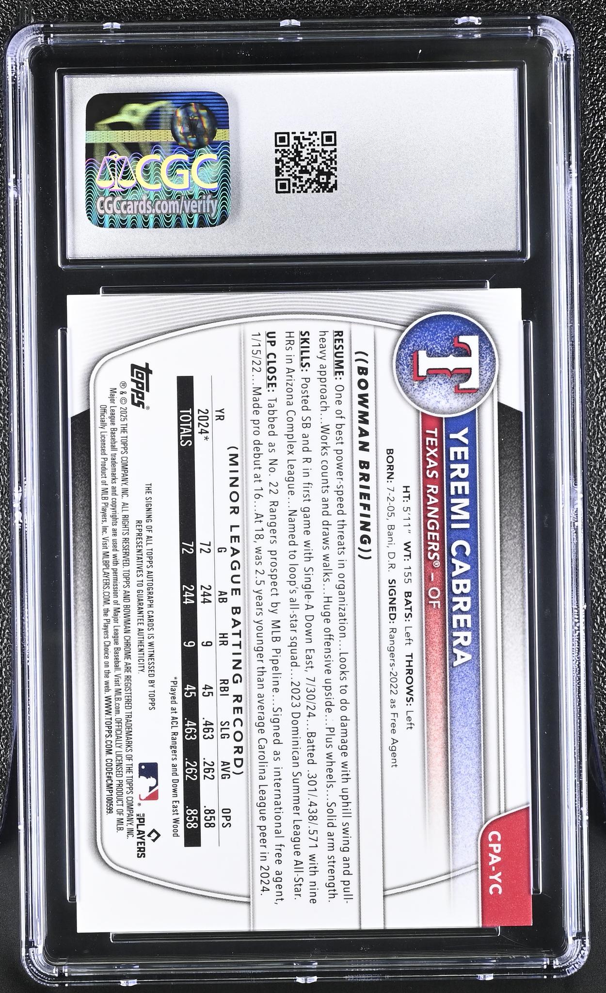 2025 Bowman #CPA-YC Yeremi Cabrera Chrome Prospects Autographs Auto CGC 10