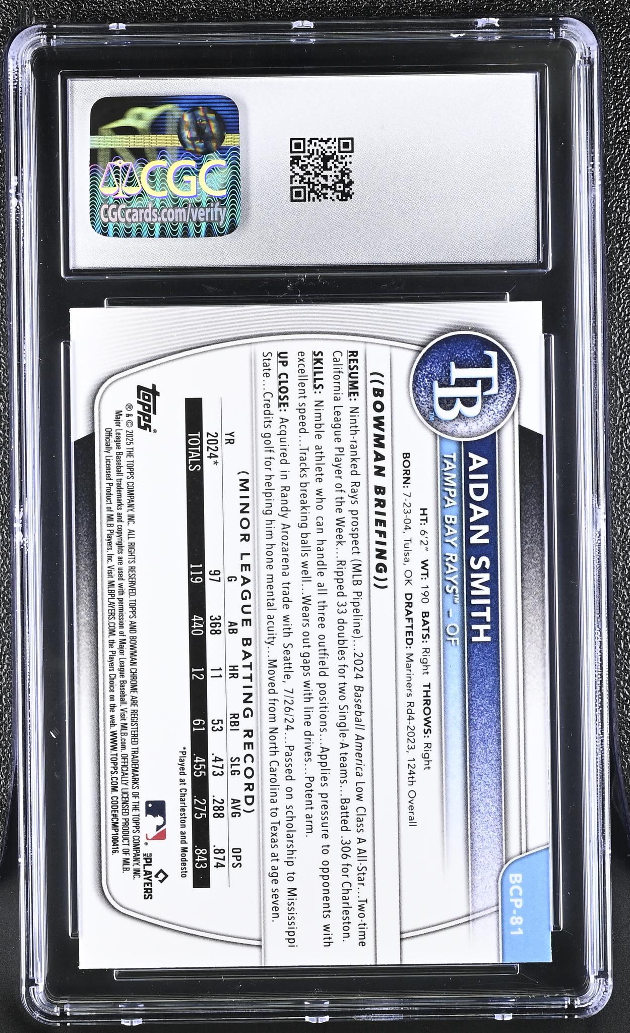 2025 Bowman #BCP-81 Aidan Smith Chrome Prospects /99 CGC 10