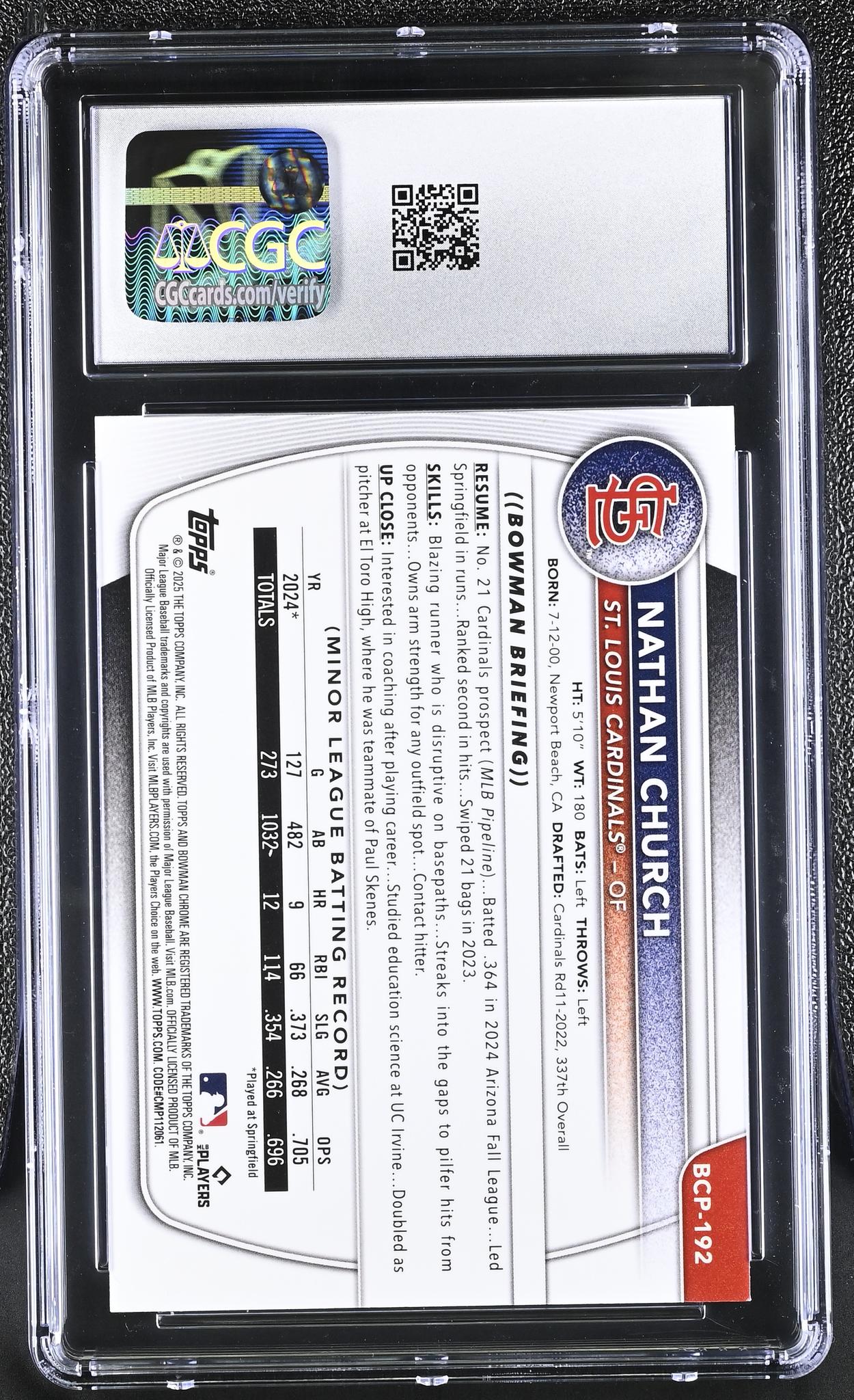 2025 Bowman Chrome #BCP-192 Nathan Church Prospects /250 CGC 9