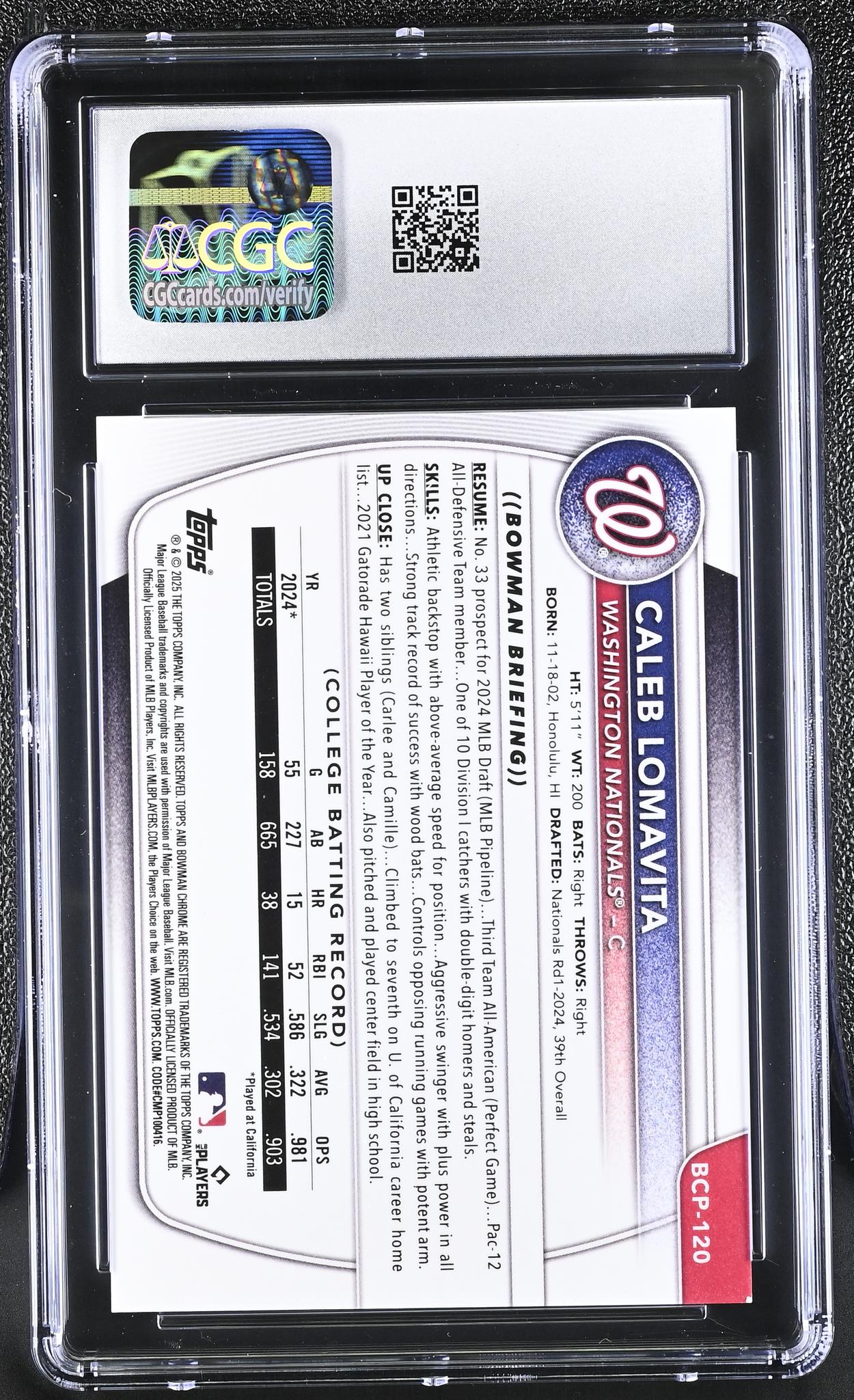 2025 Bowman #BCP-120 Caleb Lomavita Chrome Prospects /250 CGC 9