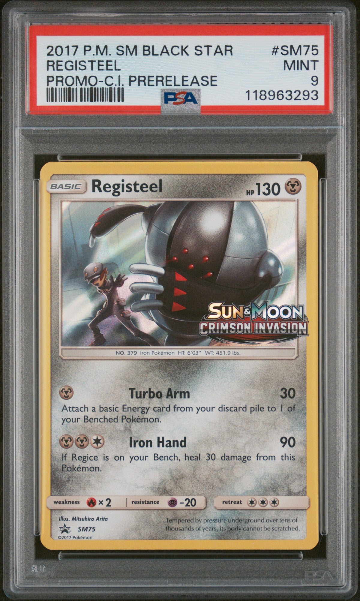 2017 Pokemon Sm Black Star Promo Crimson Invasion Prerelease Registeel #SM75 PSA 9