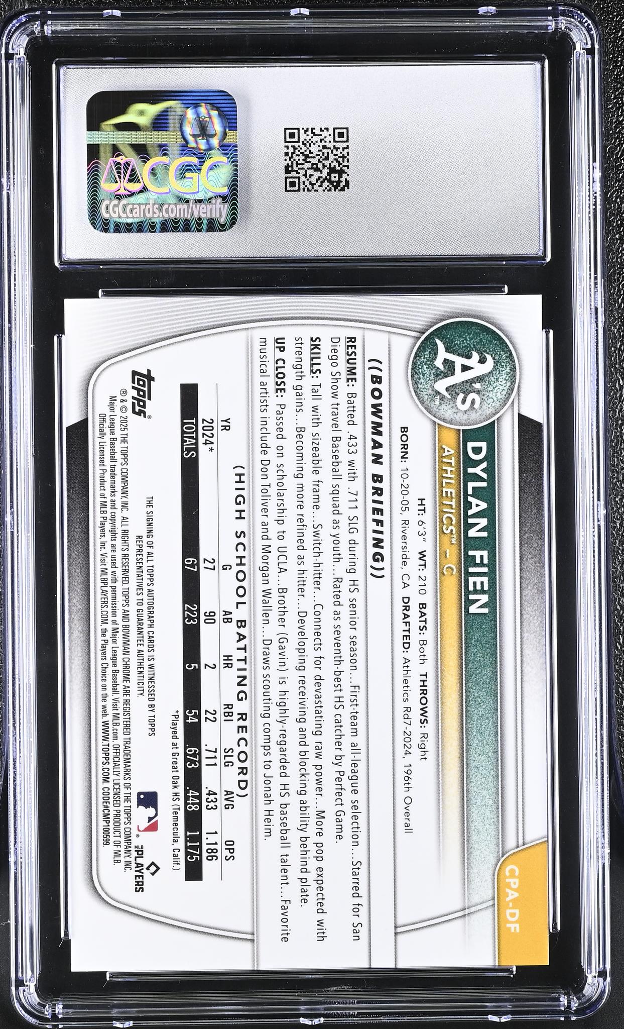 2025 Bowman Chrome #CPA-DF Dylan Fien Prospects Autographs Auto CGC 9