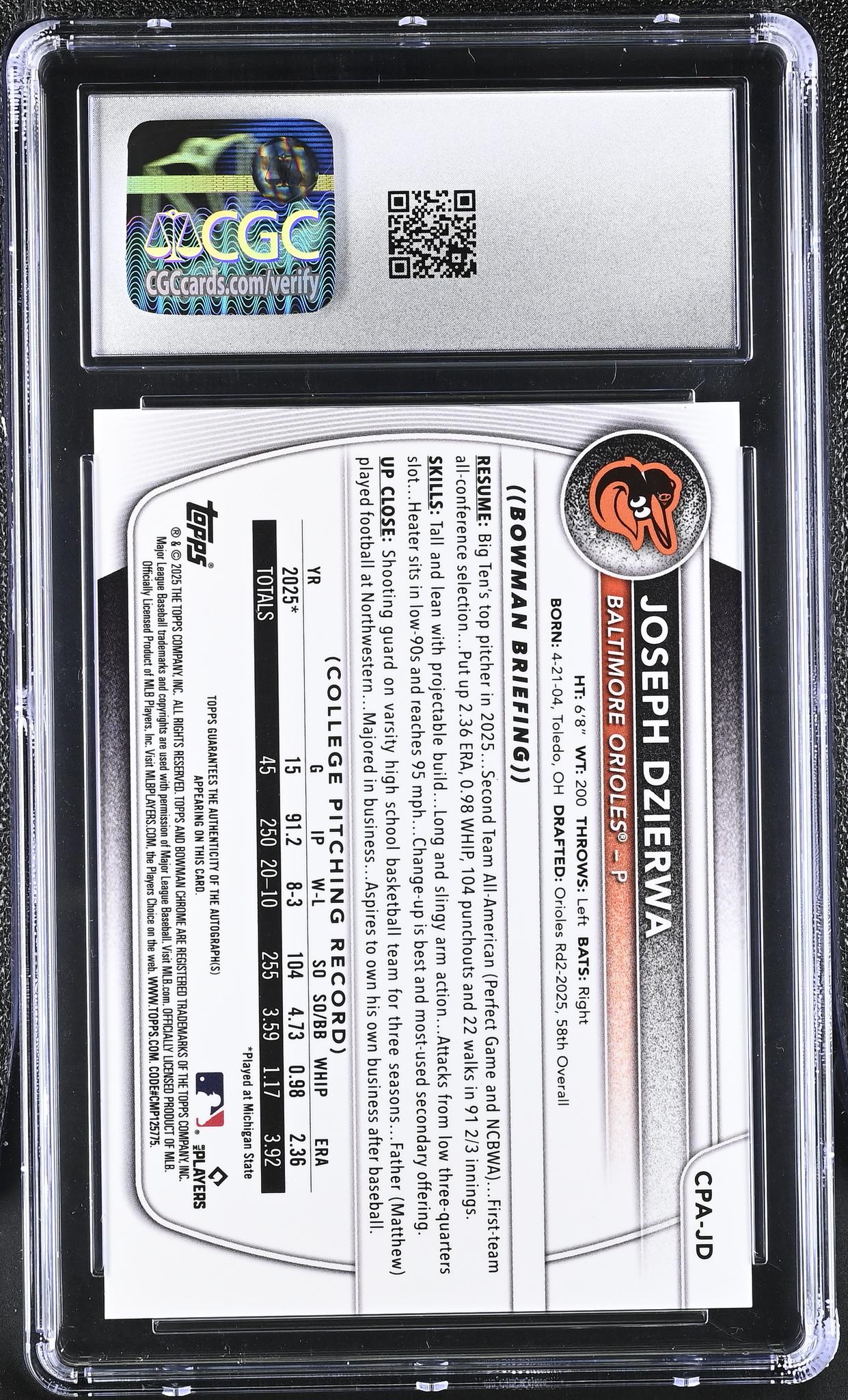 2025 Bowman Chrome # Joseph Dzierwa Chrome Prospect Autographs /199 Auto CGC 9