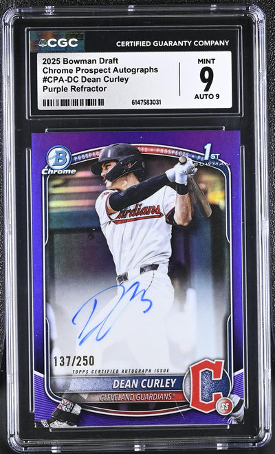 2025 Bowman Draft Chrome Prospect Autographs Dean Curley Purple Refractor Auto #CPA-DC /250 CGC 9