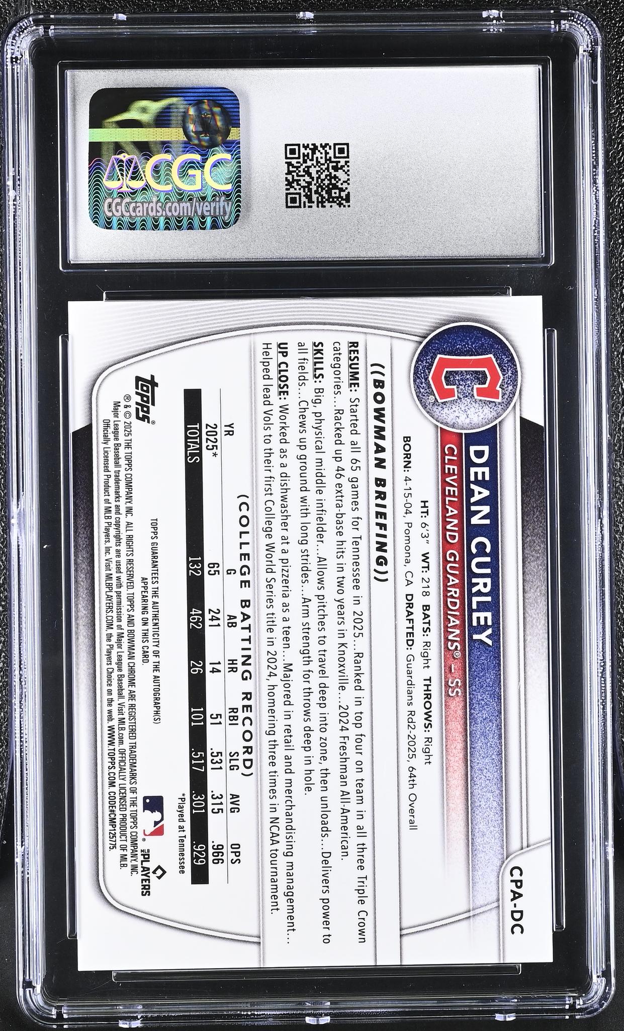 2025 Bowman #CPA-DC Dean Curley Draft Chrome Prospect Autographs /250 Auto CGC 9