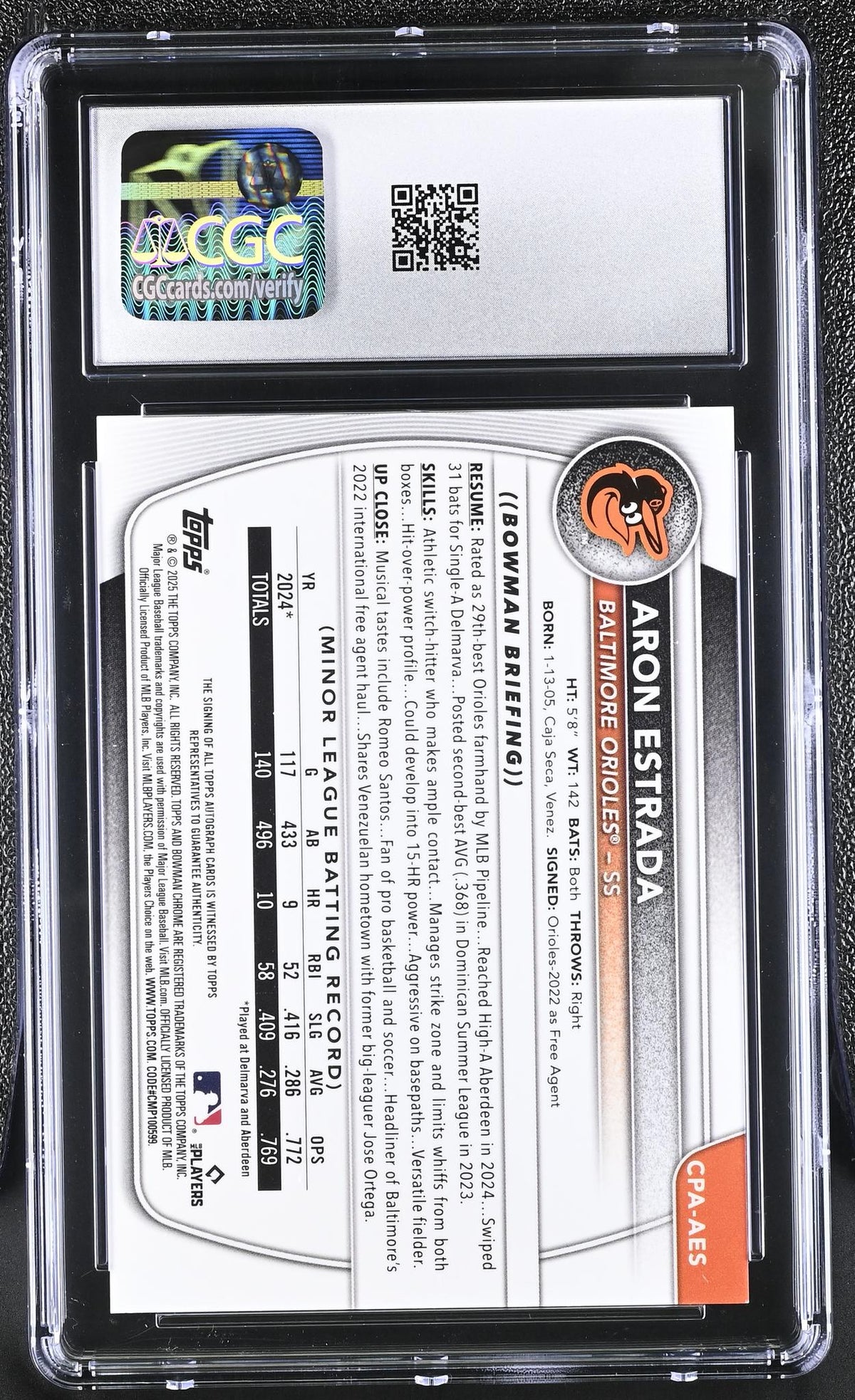 2025 Bowman #CPA-AES Aron Estrada Chrome Prospects Autographs Auto CGC 10