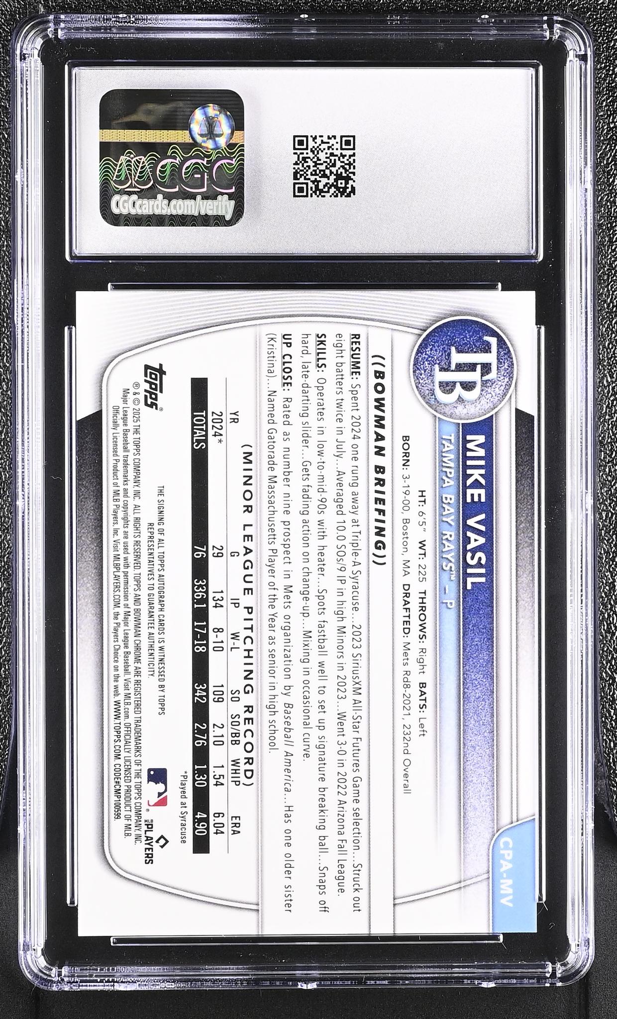 2025 Bowman Chrome #CPA-MV Mike Vasil Prospects Autographs /299 Auto CGC 9.5