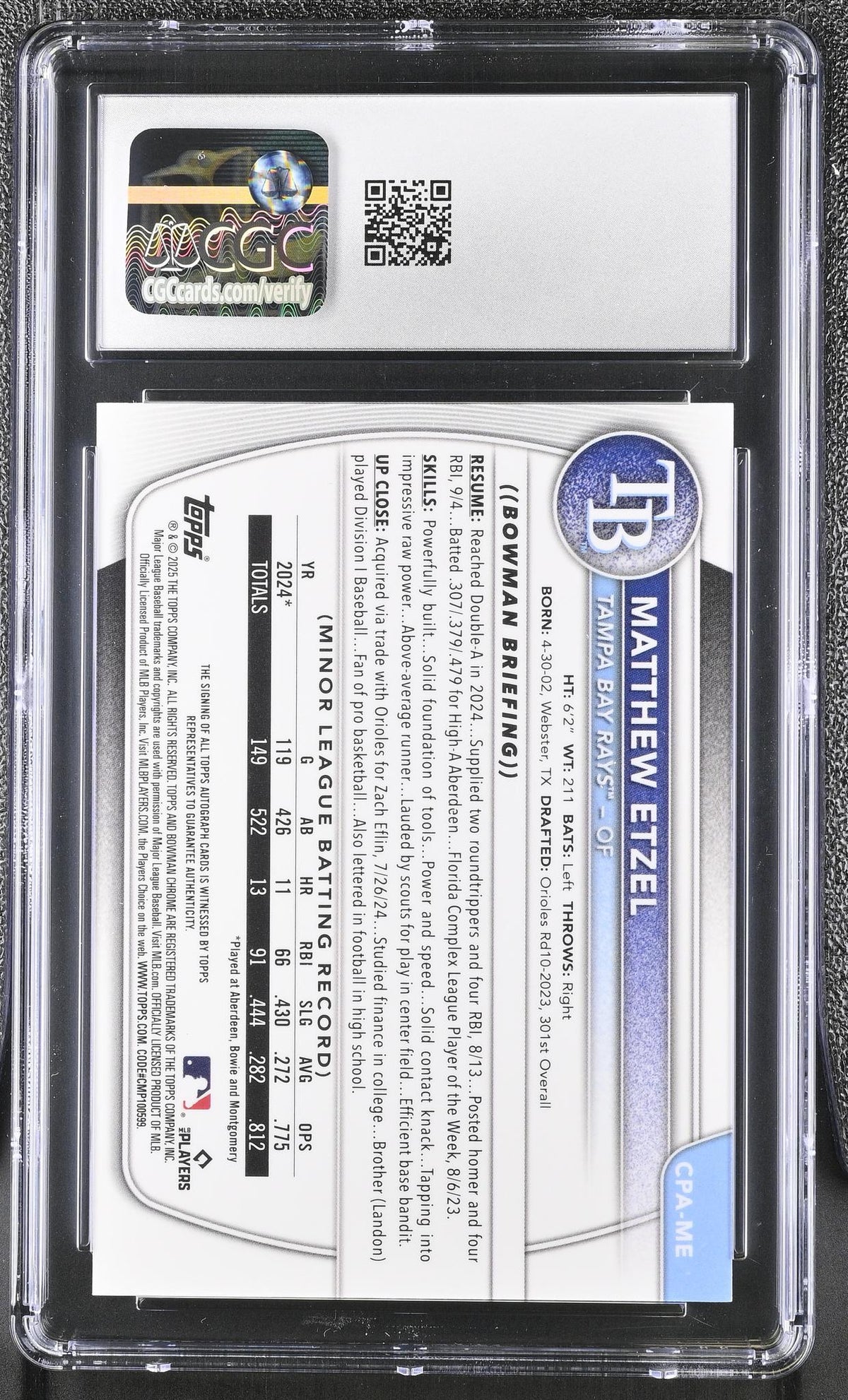 2025 Bowman Chrome #CPA-ME Matthew Etzel Prospect Autographs /99 Auto CGC 10