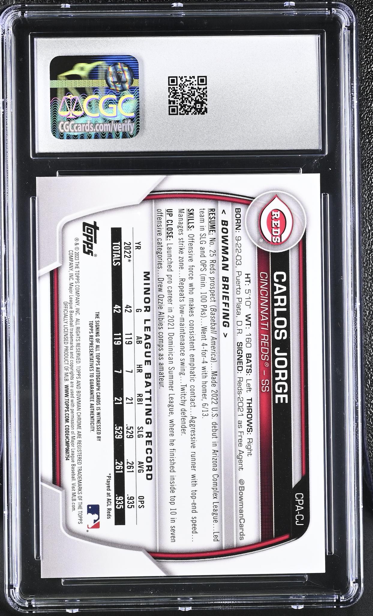 2023 Bowman #CPA-CJ Carlos Jorge Chrome Prospect Autographs /99 Auto CGC 9.5