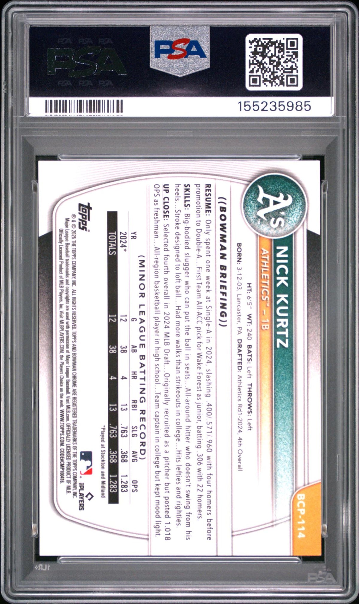 2025 Bowman Sapphire Edition Chrome Prospects Green Nick Kurtz #BCP114 /99 PSA 10
