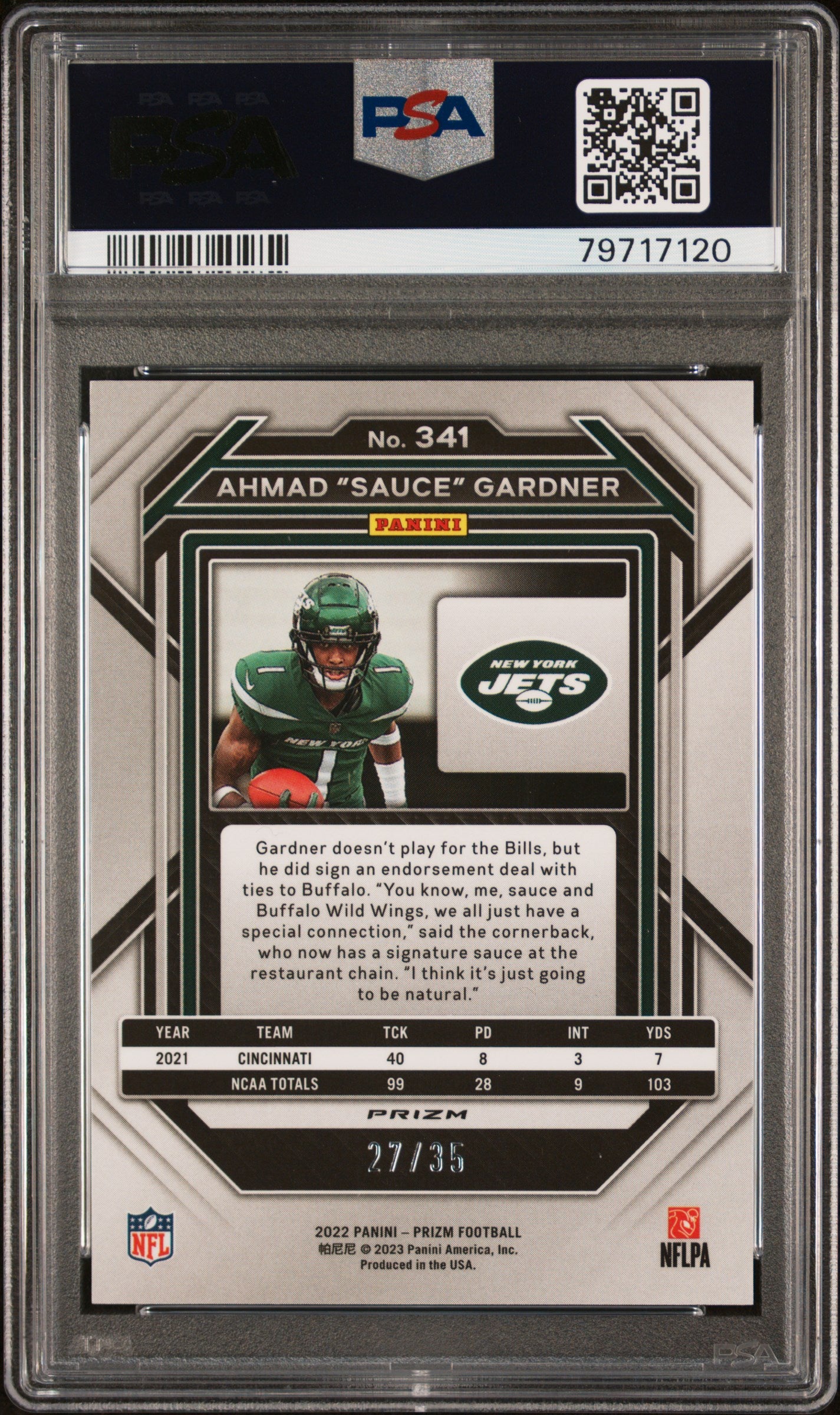 2022 Panini Prizm No Huddle Purple Ahmad "Sauce" Gardner #341 /35 PSA 10