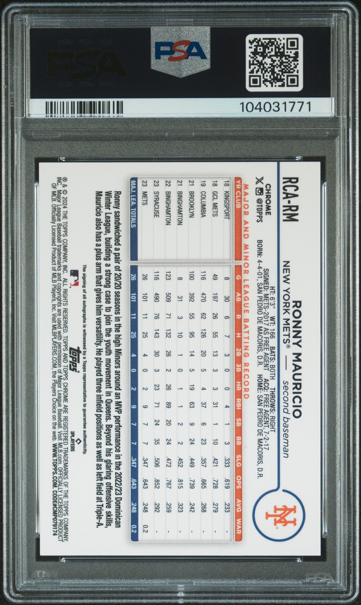 2024 Topps Chrome Logofractor Edition MLB Refractor Chrome Autographs Autograph Ronny Mauricio #RCARM PSA 10