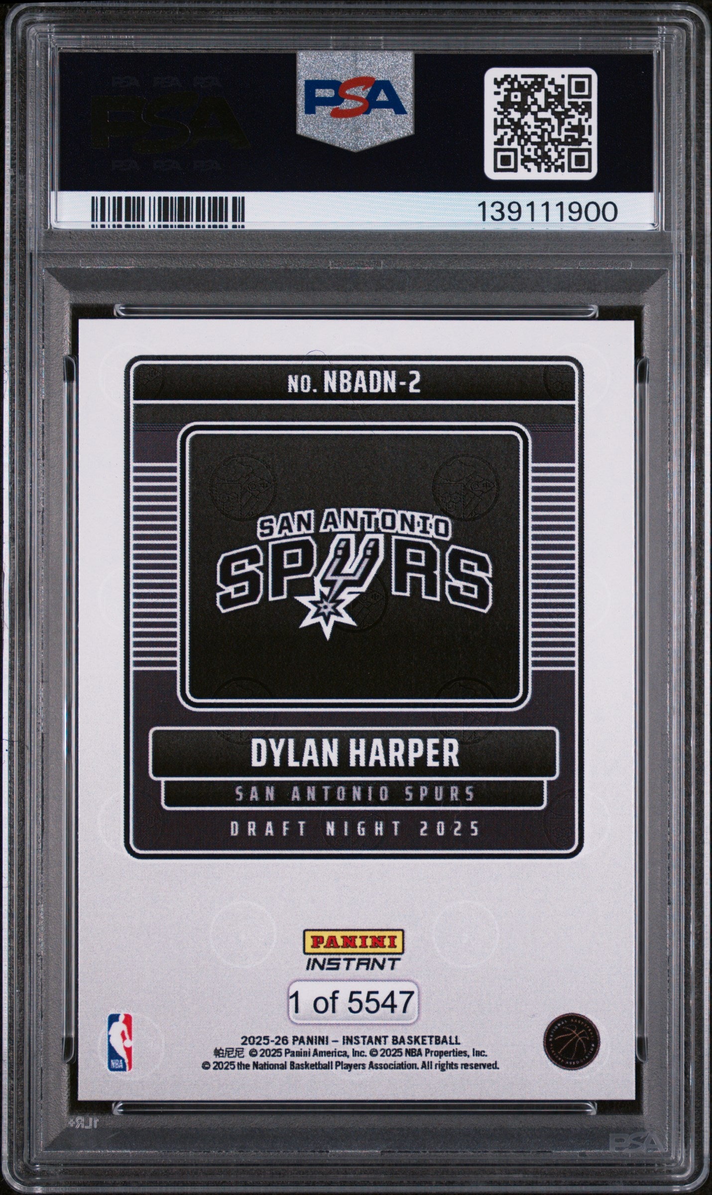 2025 Panini Instant Draft Night Dylan Harper #NBADN2 /5547 PSA 10