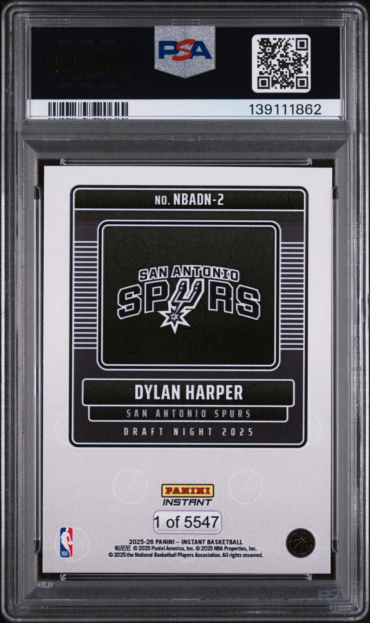 2025 Panini Instant Draft Night Dylan Harper #NBADN2 /5547 /1 PSA 10