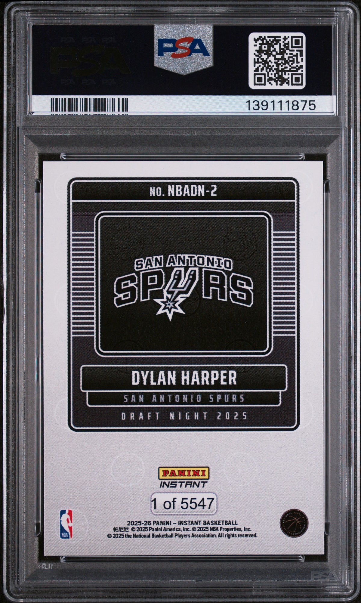 2025 Panini Instant Draft Night Dylan Harper #NBADN2 /5547 /1 PSA 10