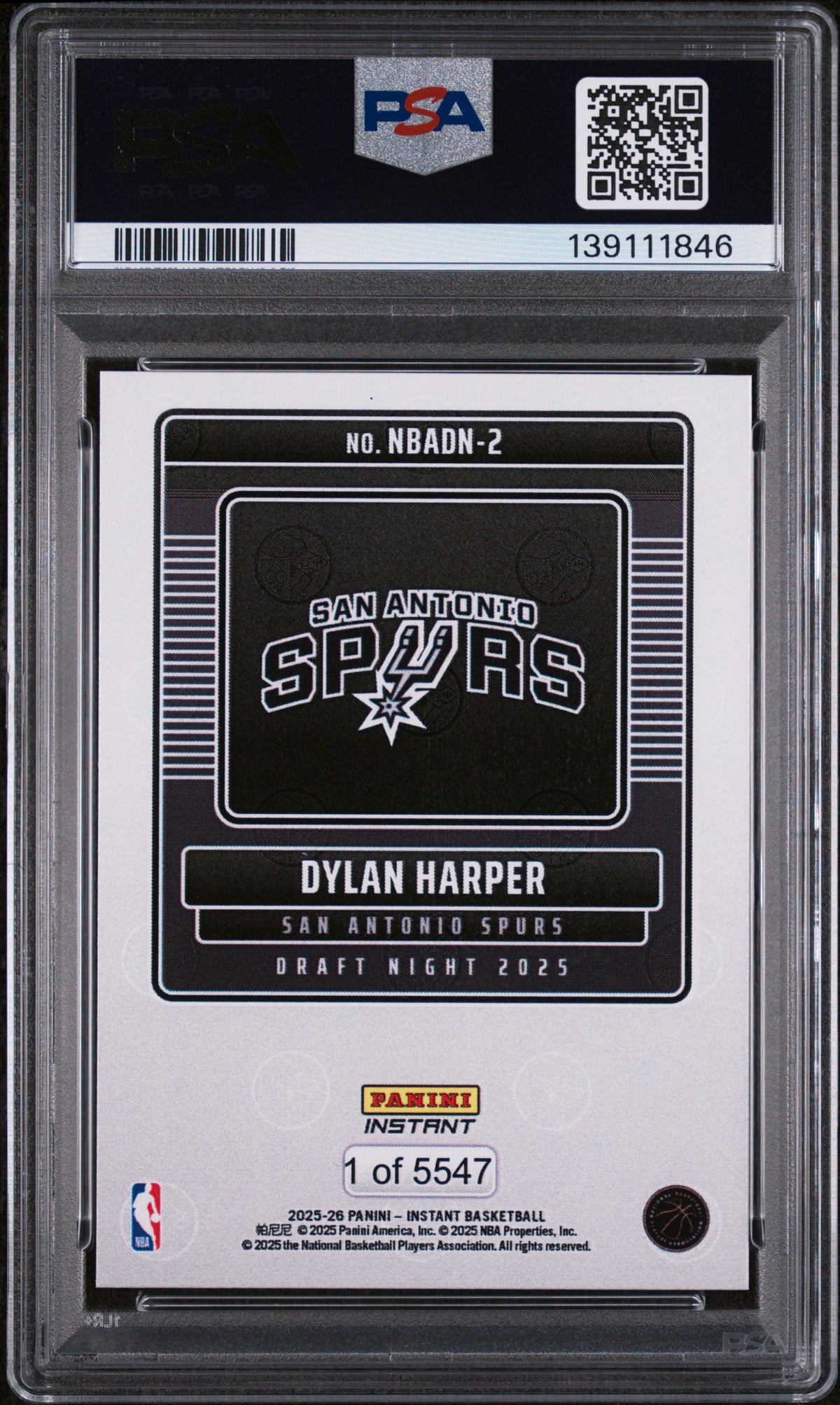 2025 Panini Instant Draft Night Dylan Harper #NBADN2 /5547 /1 PSA 10