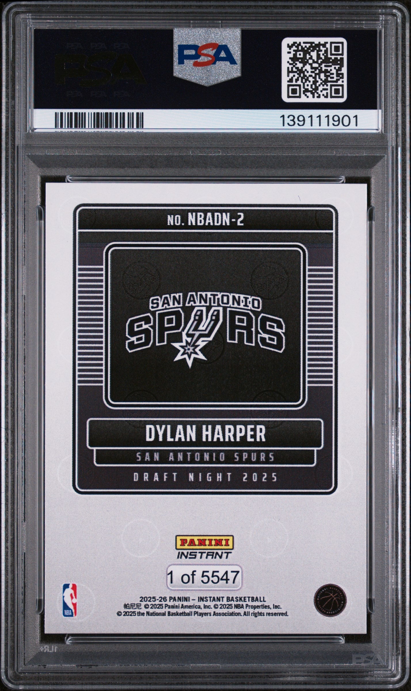 2025 Panini Instant Draft Night Dylan Harper #NBADN2 /5547 PSA 10