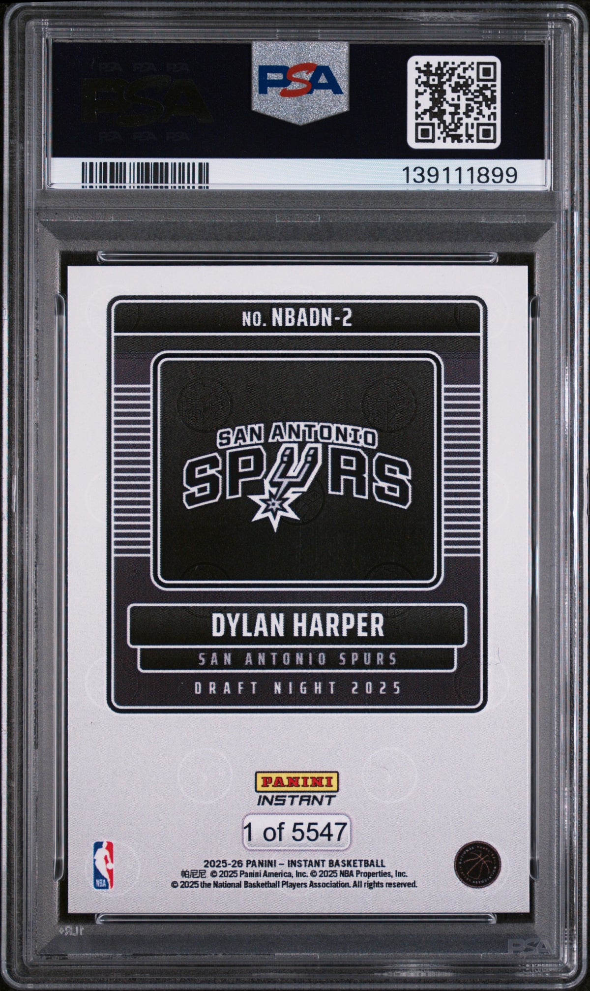 2025 Panini Instant Draft Night Dylan Harper #NBADN2 /5547 PSA 10