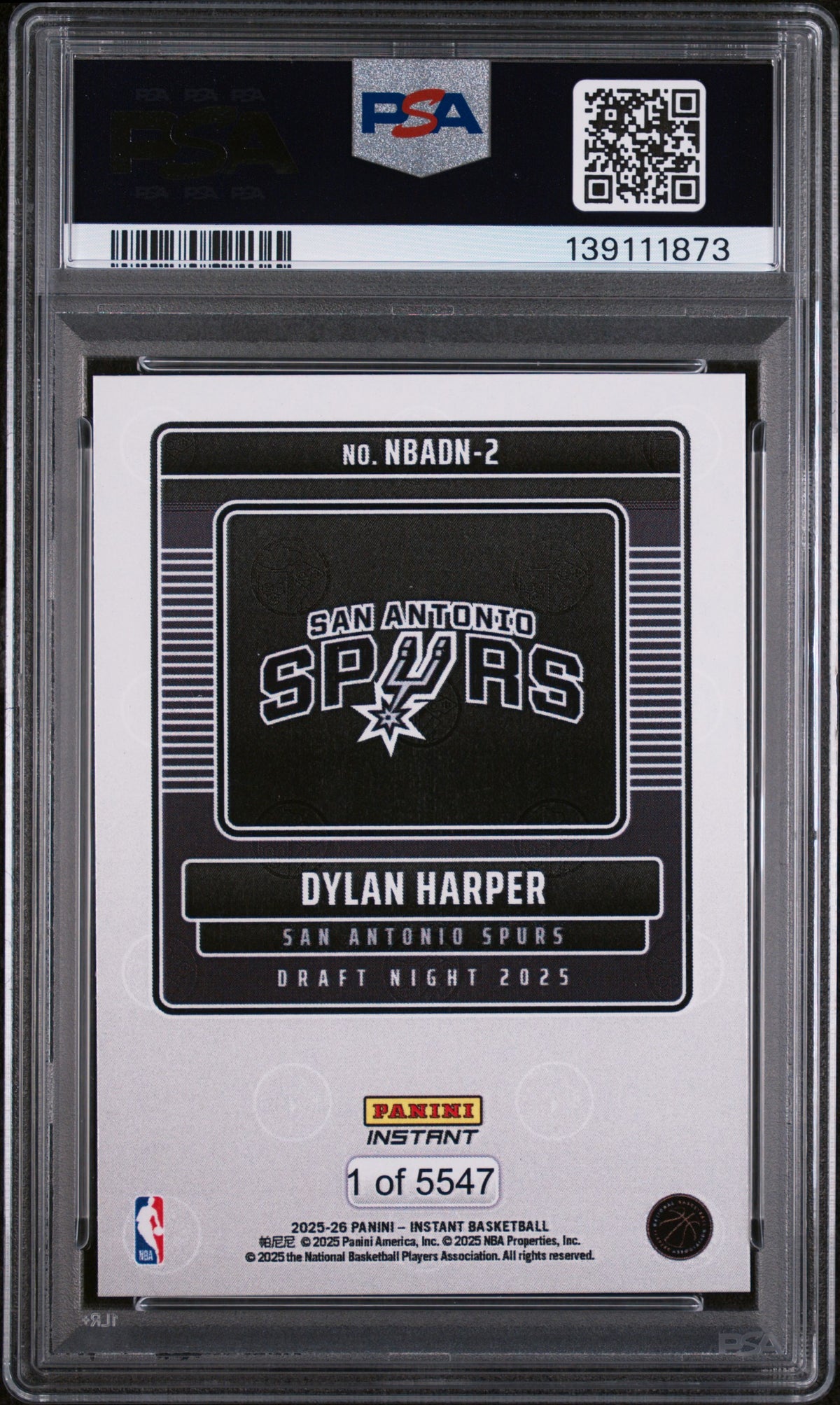 2025 Panini Instant Draft Night Dylan Harper #NBADN2 /5547 /1 PSA 10