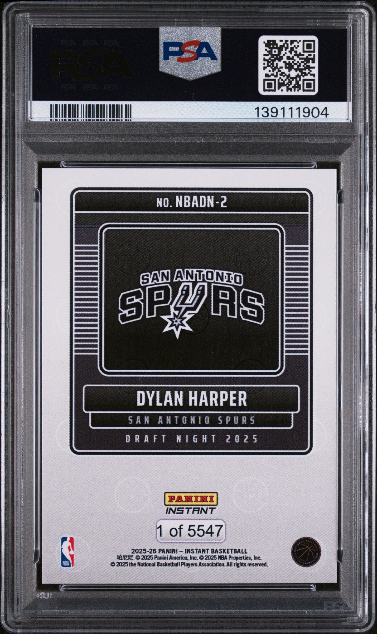 2025 Panini Instant Draft Night Dylan Harper #NBADN2 /5547 /1 PSA 10