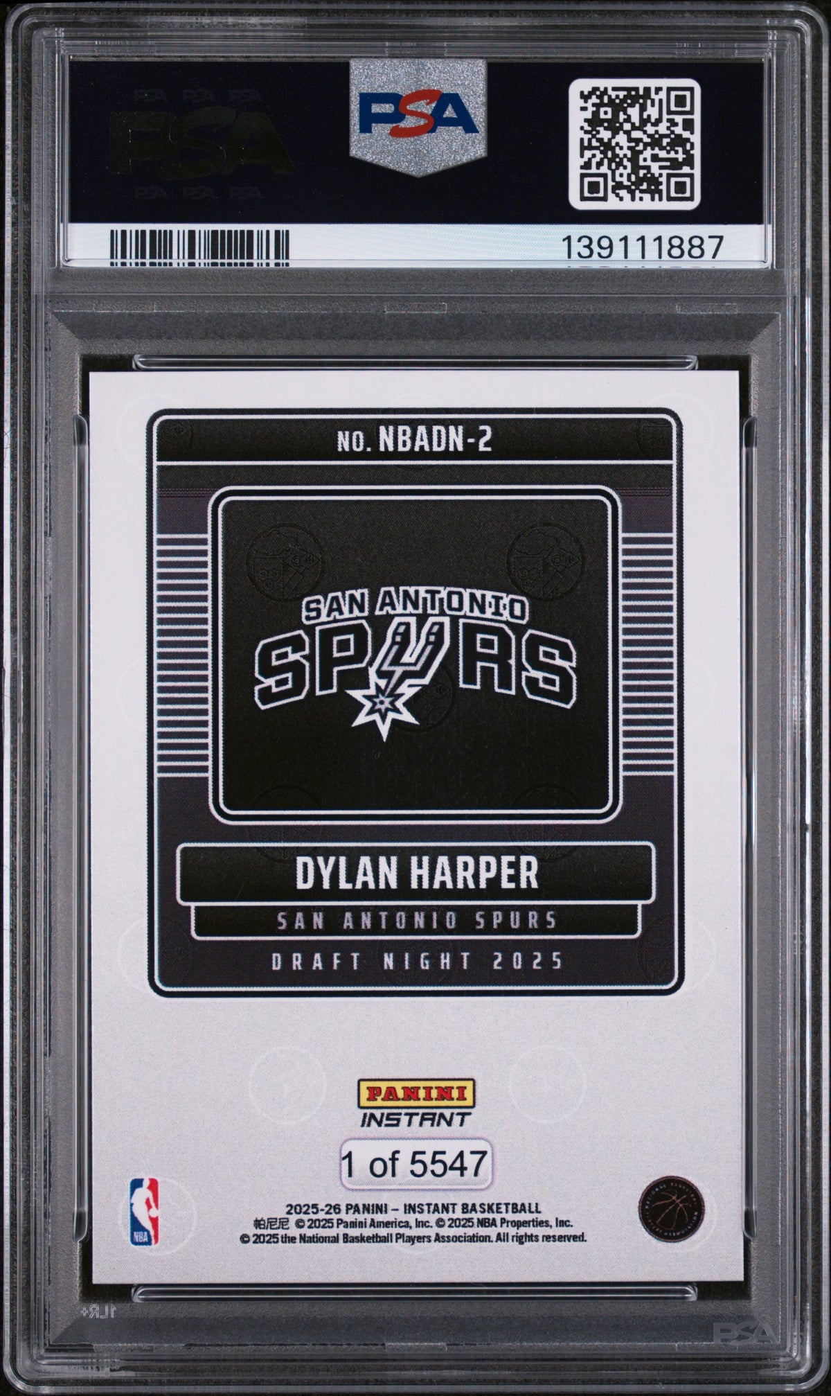 2025 Panini Instant Draft Night Dylan Harper #NBADN2 /5547 /1 PSA 10