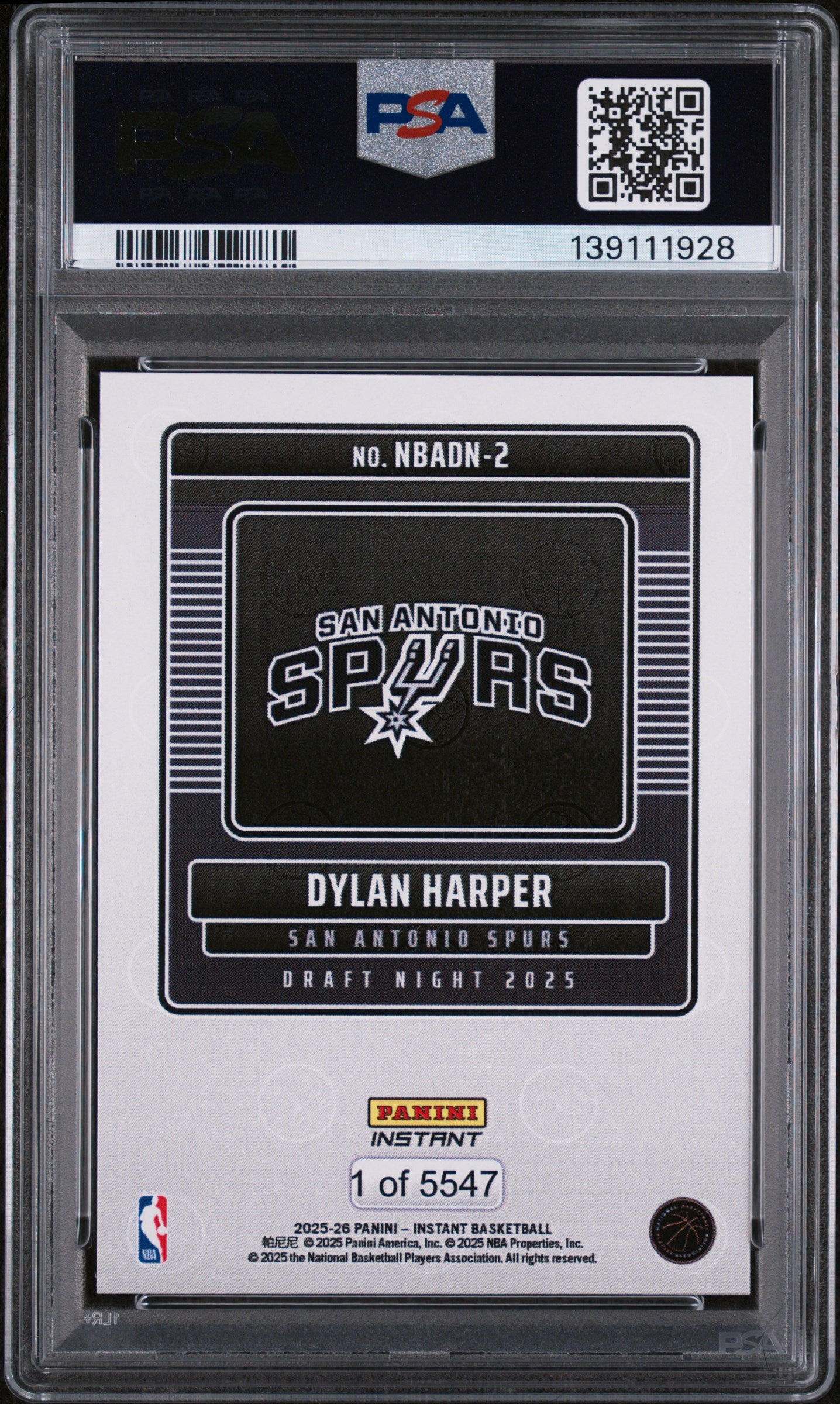 2025 Panini Instant Draft Night Dylan Harper #NBADN2 /5547 /1 PSA 10